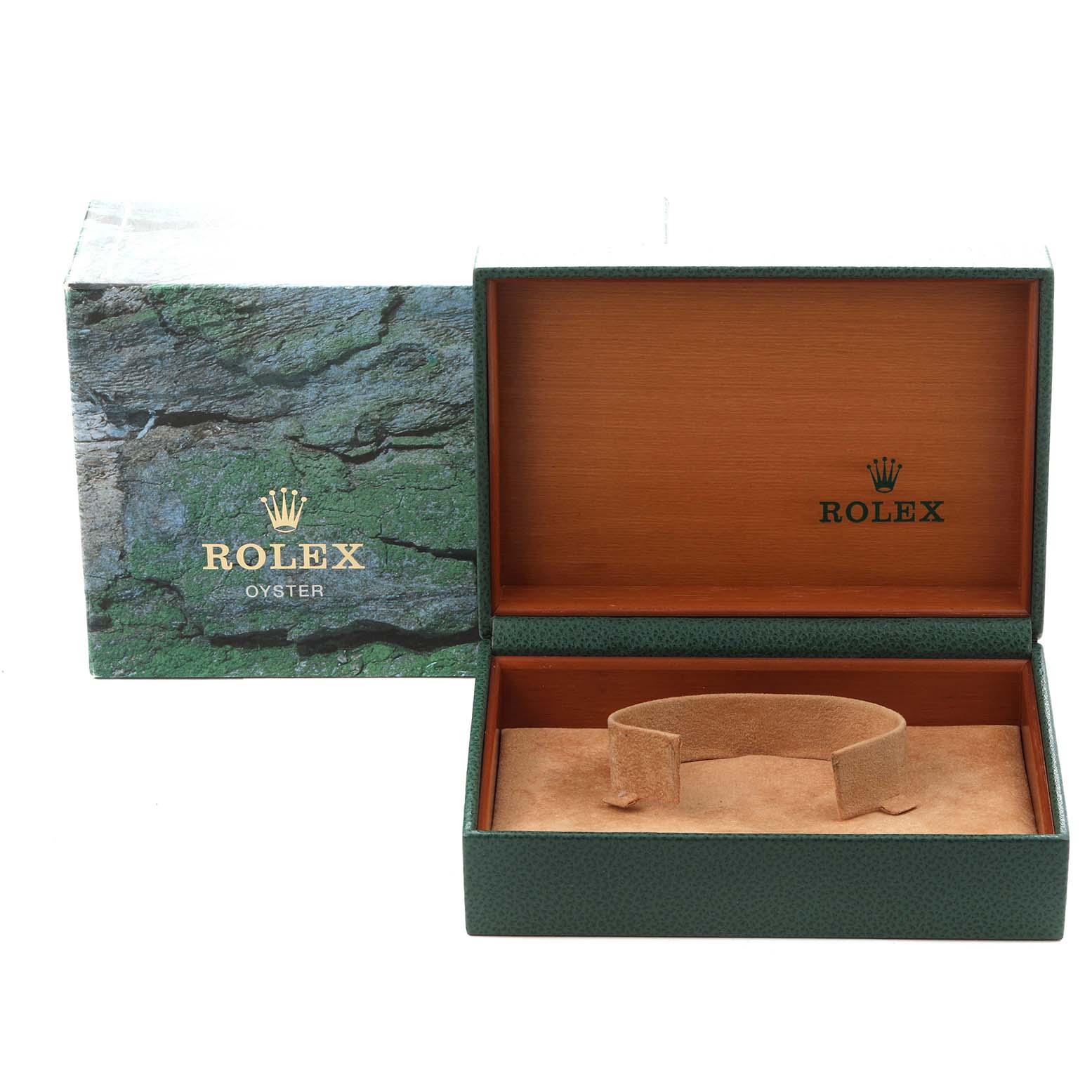 The image shows a Rolex Mid-Size 178273 Women
s Steel and Gold (two tone) Silver Dial 178273 Women
s Steel and Gold (two tone) Silver Dial wristwatch box and cushion, angled open with a focus on the interior and branded exterior.