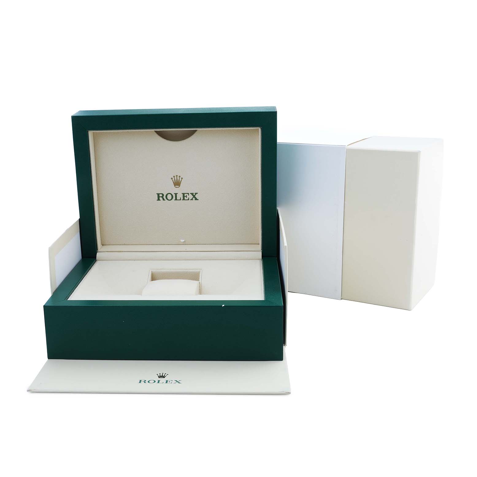 The image shows an open green Rolex box for a Datejust model, with its inner beige cushion and outer packaging visible.