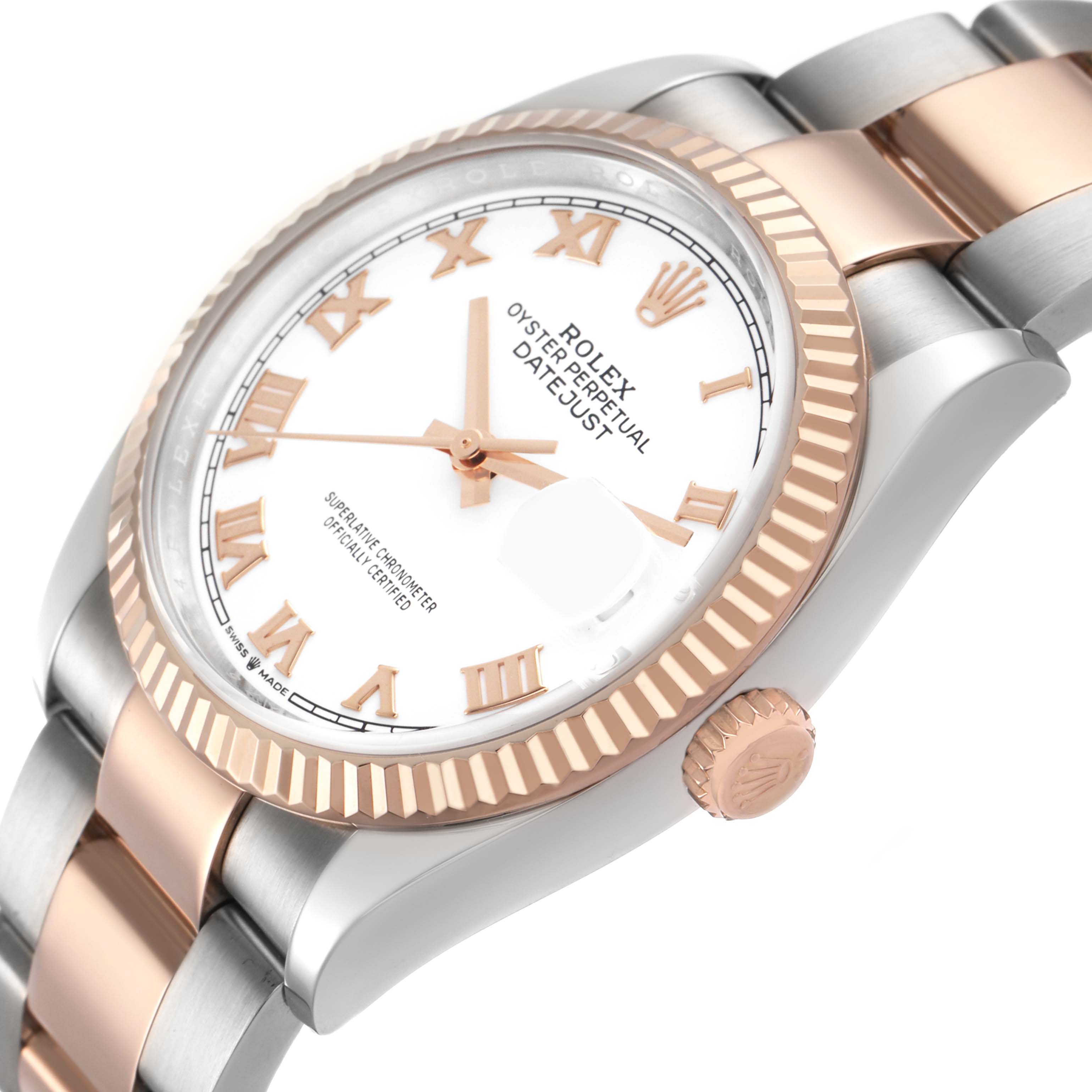The Rolex Datejust 126231 Men's Rose Gold White Dial watch is shown at an angle highlighting the bezel, crown, dial, and part of the bracelet.