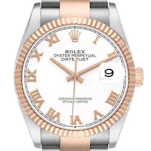 The Rolex Datejust 126231 Men's Rose Gold White Dial watch is shown from the front, displaying its dial, hands, date window, and fluted bezel.