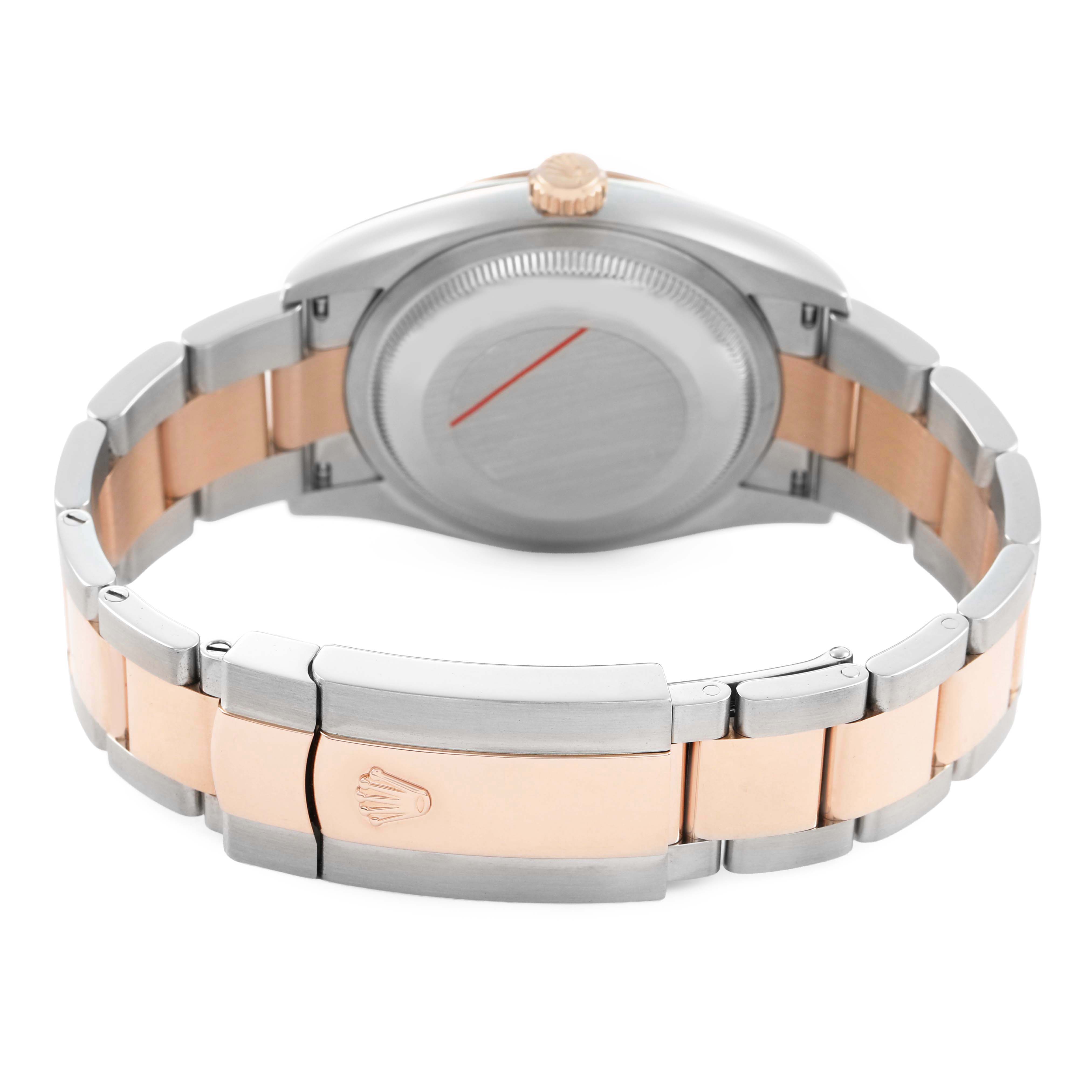 The Rolex Datejust 126231 Men's Rose Gold White Dial watch is shown from the back, highlighting the case back, crown, and two-tone bracelet with the clasp.