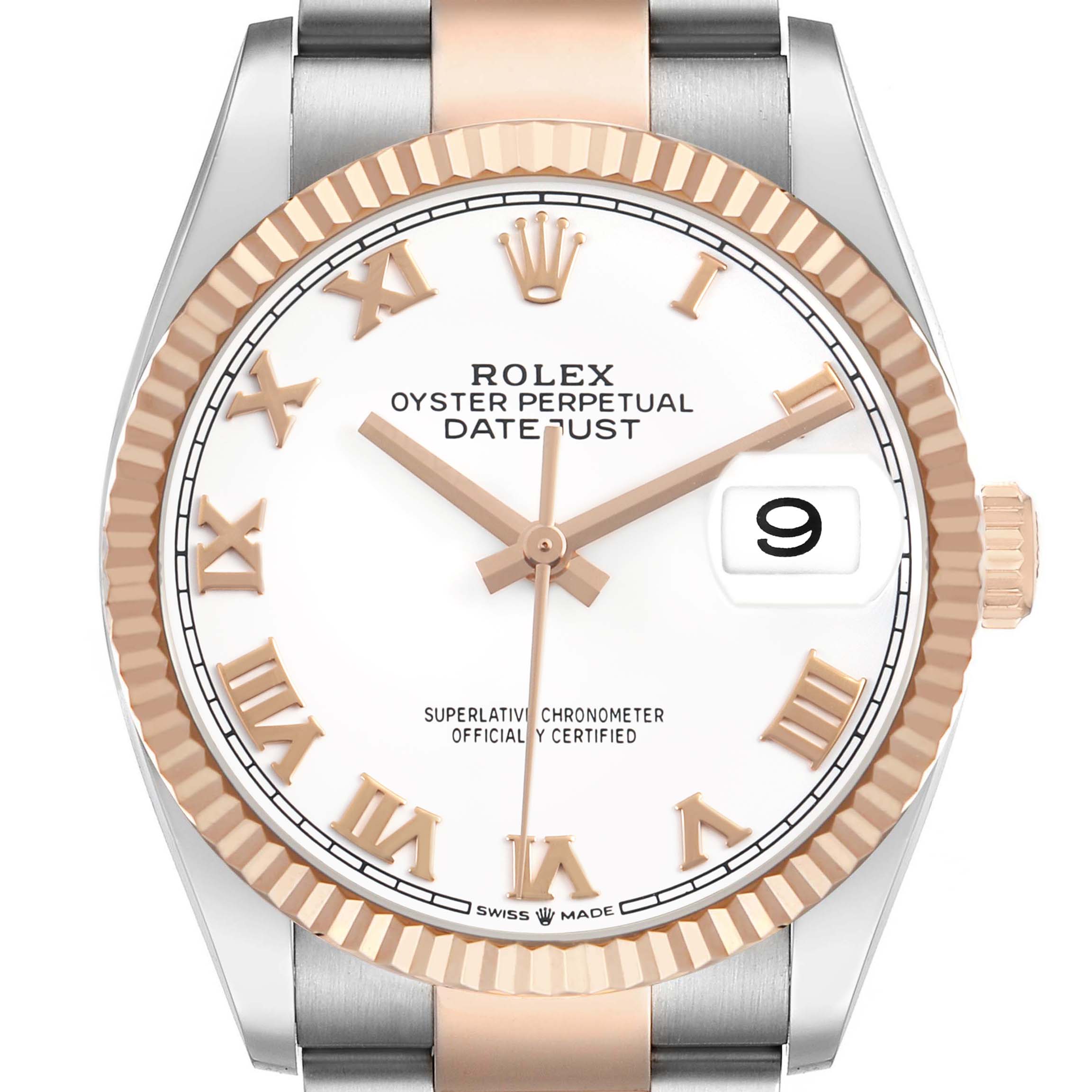 The Rolex Datejust 126231 Men's Rose Gold White Dial is shown from the front, highlighting the dial, fluted bezel, date window, and part of the bracelet.