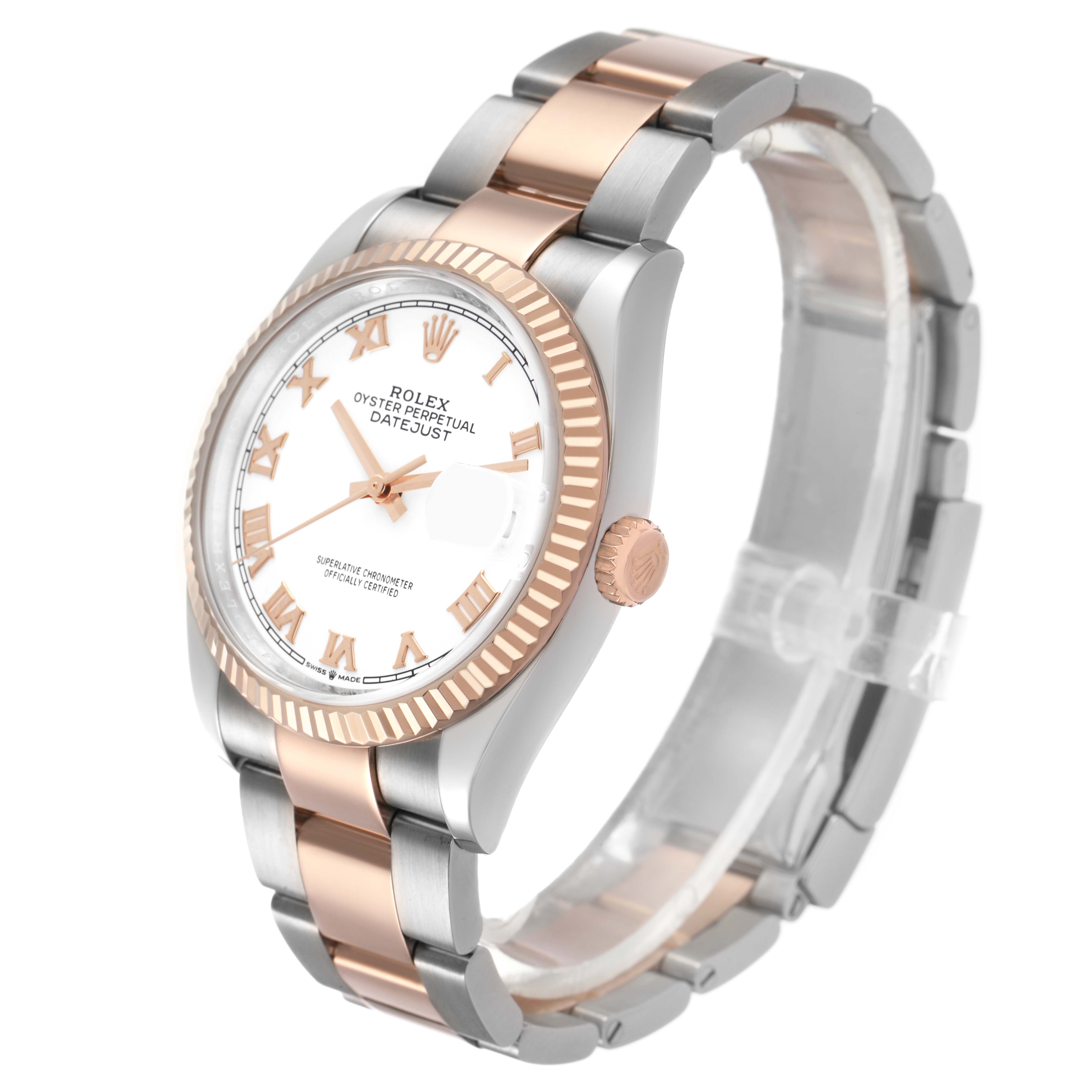 The Rolex Datejust 126231 Men's Rose Gold White Dial watch is shown at an angled side view, featuring the bezel, dial, bracelet, and crown.