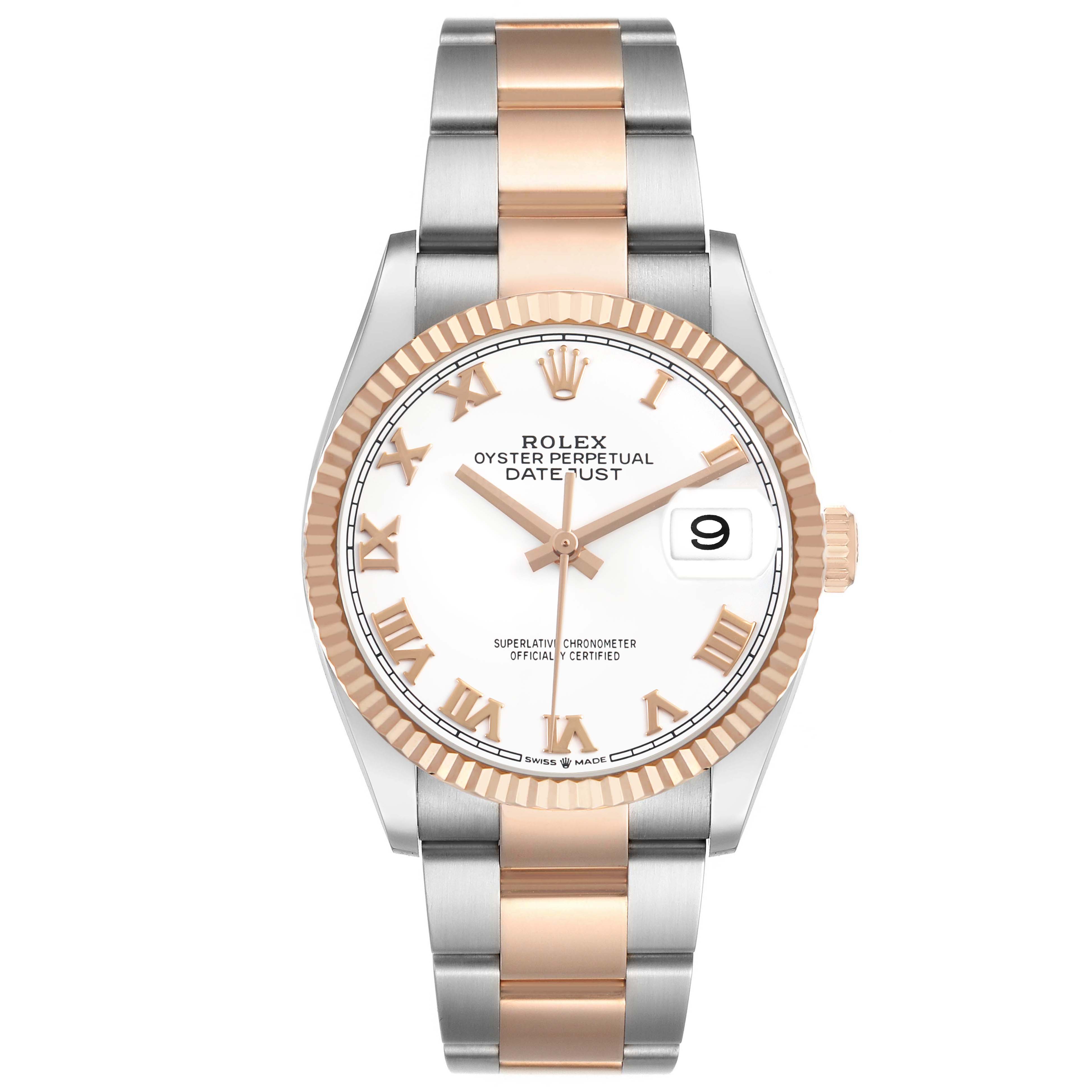 The Rolex Datejust 126231 Men's Rose Gold White Dial watch is shown from the front, featuring the dial, bezel, and bracelet.