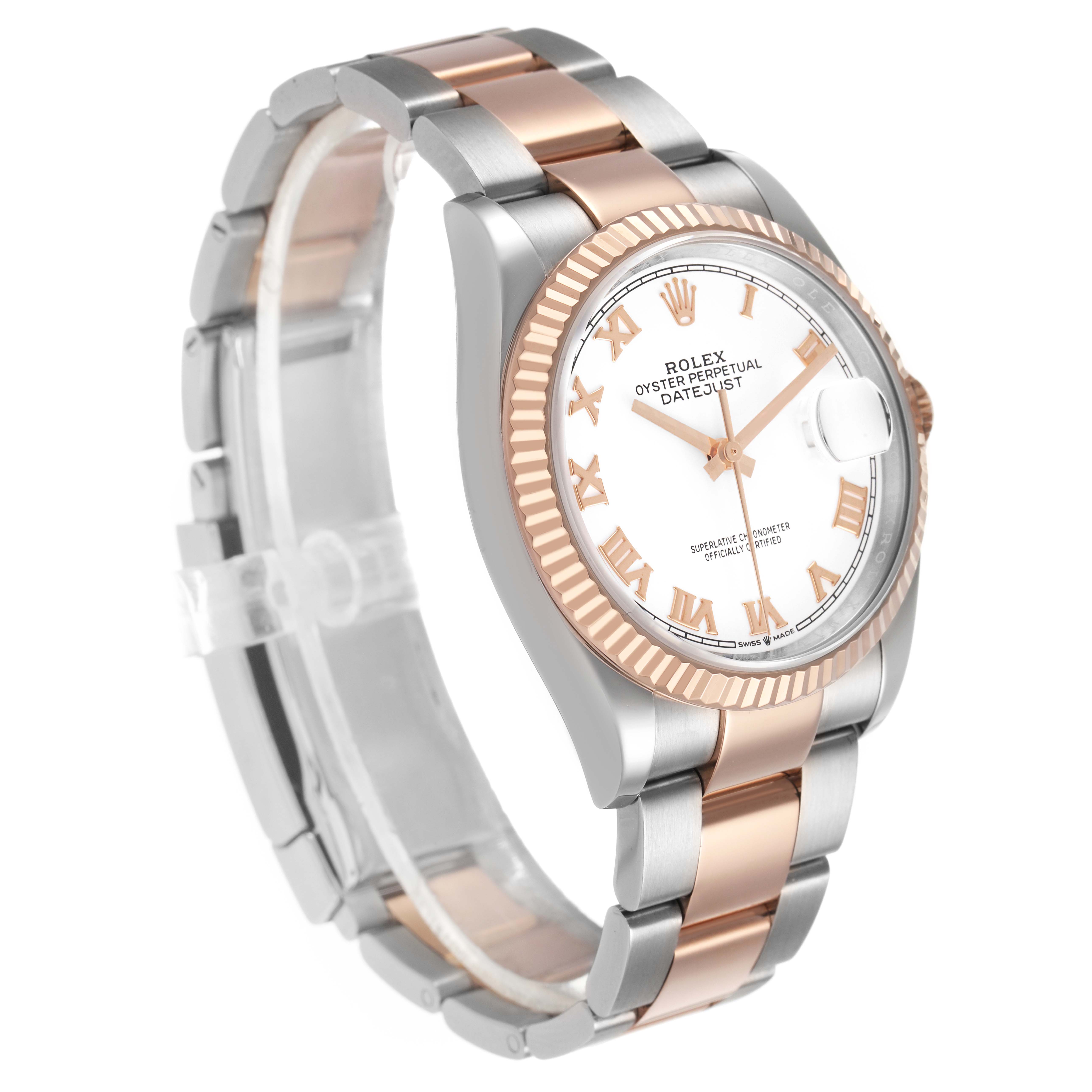 The Rolex Datejust 126231 Men's Rose Gold White Dial watch is angled to show the face, bezel, and part of the two-tone Oyster bracelet.