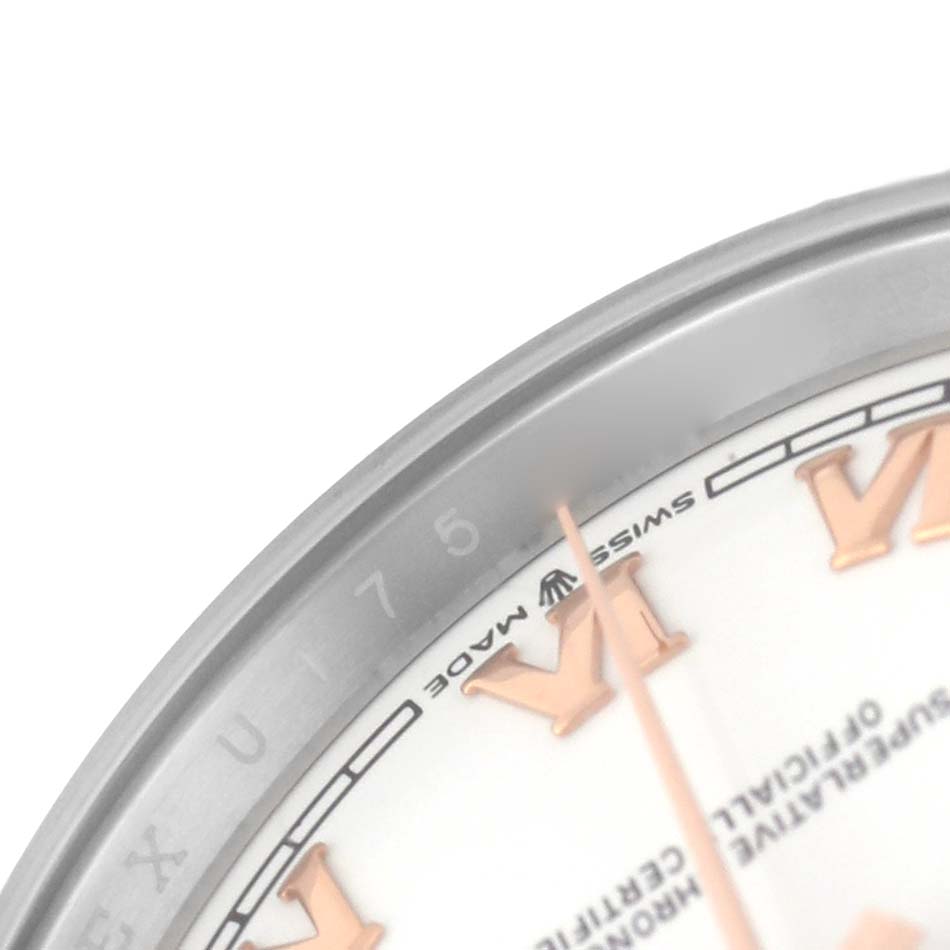 The image shows a close-up of the Rolex Datejust 126231 Men's Rose Gold White Dial watch face, focusing on the VI marker and Swiss-made text.