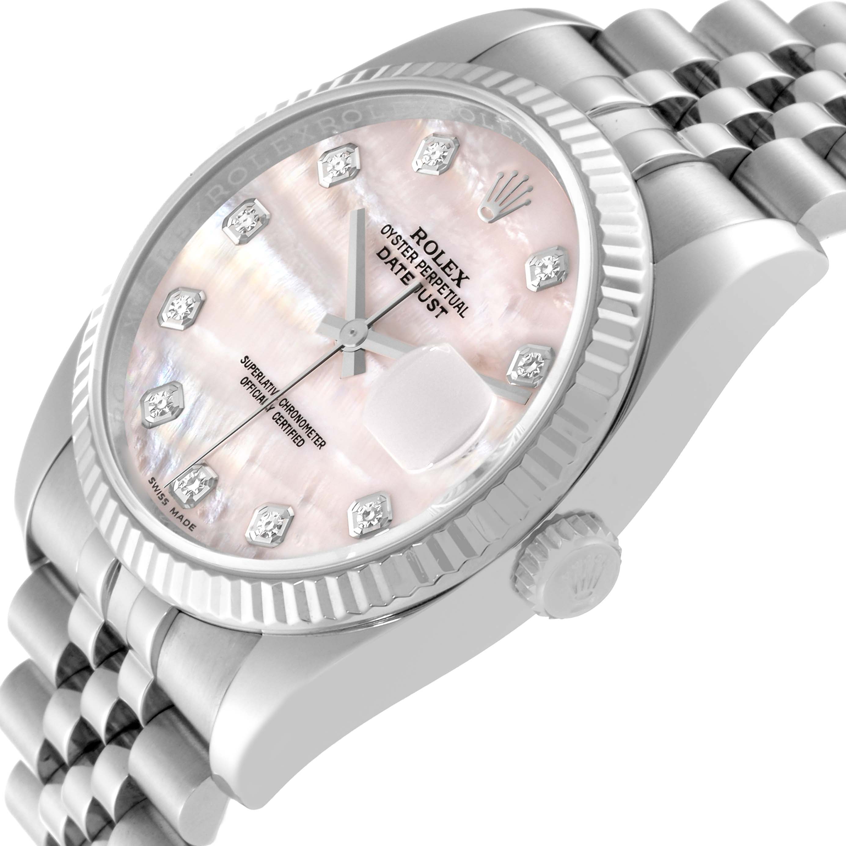 This image shows a side angle view of a Rolex Datejust 116234 Men's Stainless Steel Mother of Pearl Dial 116234 Men's Stainless Steel Mother of Pearl Dial watch displaying its face, bezel, and part of the bracelet.