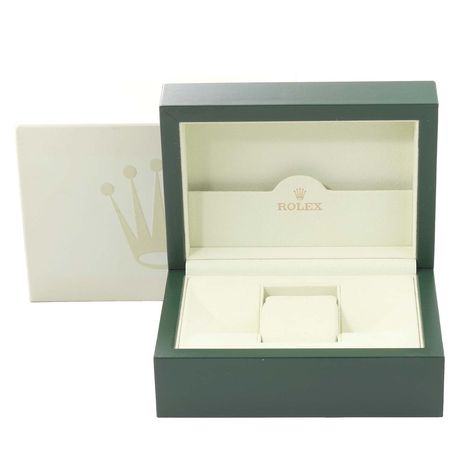 This image shows an open Rolex Datejust 116234 Men's Stainless Steel Mother of Pearl Dial 116234 Men's Stainless Steel Mother of Pearl Dial watch box, featuring the interior compartments and branded lining.