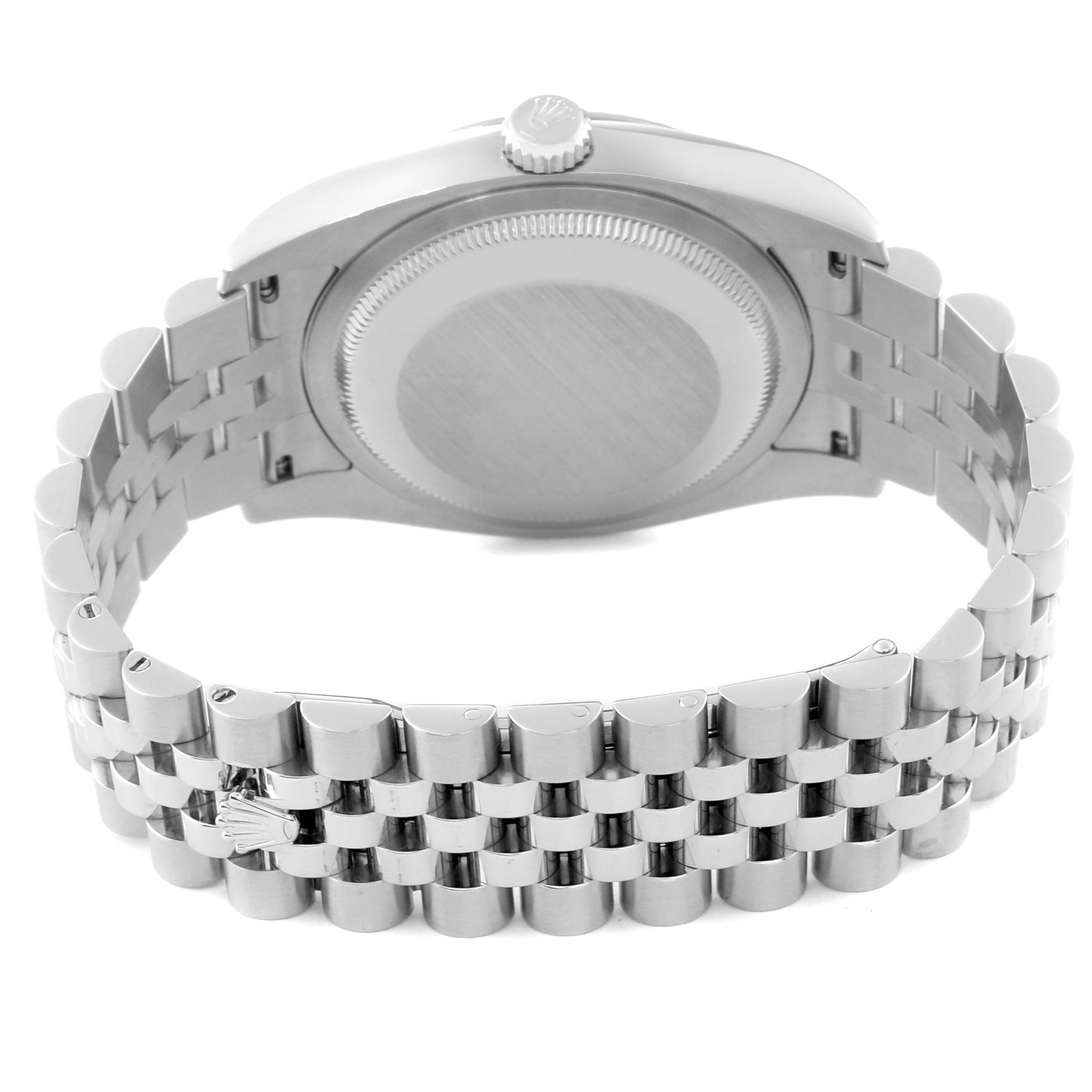 This image shows the back view of a Rolex Datejust 116234 Men's Stainless Steel Mother of Pearl Dial 116234 Men's Stainless Steel Mother of Pearl Dial watch, highlighting the case back and Jubilee bracelet.