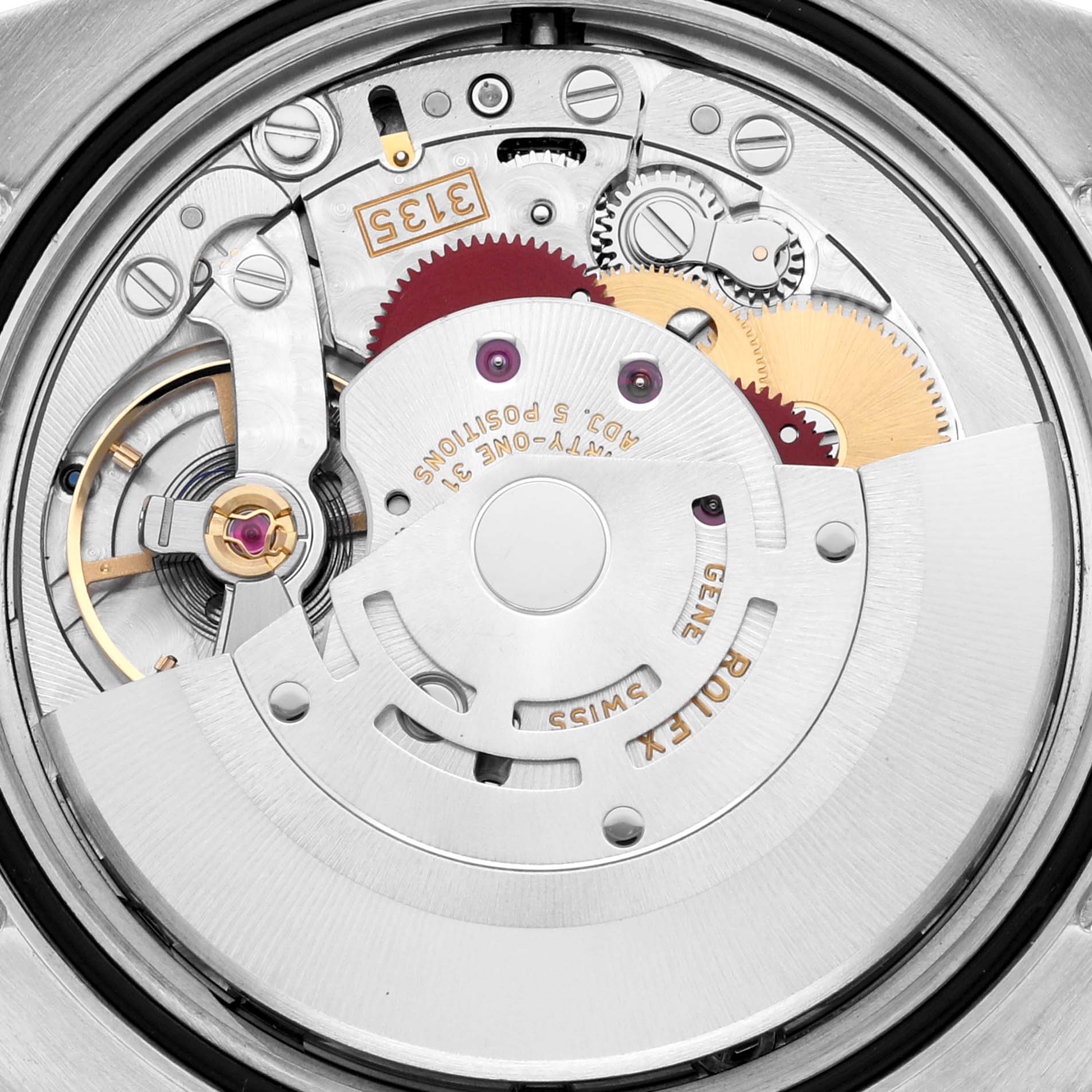 This is a close-up view of the movement mechanism of a Rolex Datejust 116234 Men's Stainless Steel Mother of Pearl Dial 116234 Men's Stainless Steel Mother of Pearl Dial watch.