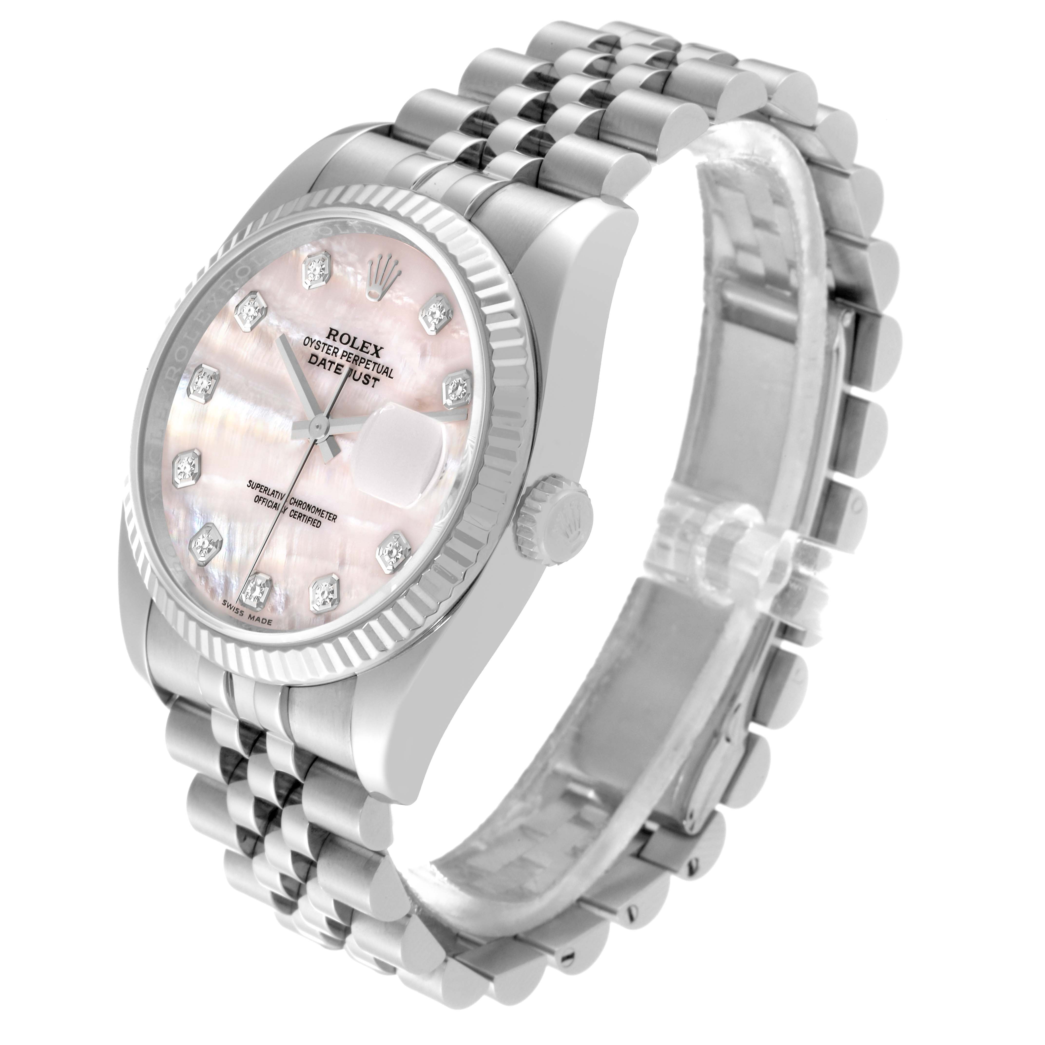 The Rolex Datejust 116234 Men's Stainless Steel Mother of Pearl Dial 116234 Men's Stainless Steel Mother of Pearl Dial watch is shown from a three-quarter angle, displaying the dial, bezel, crown, and bracelet.