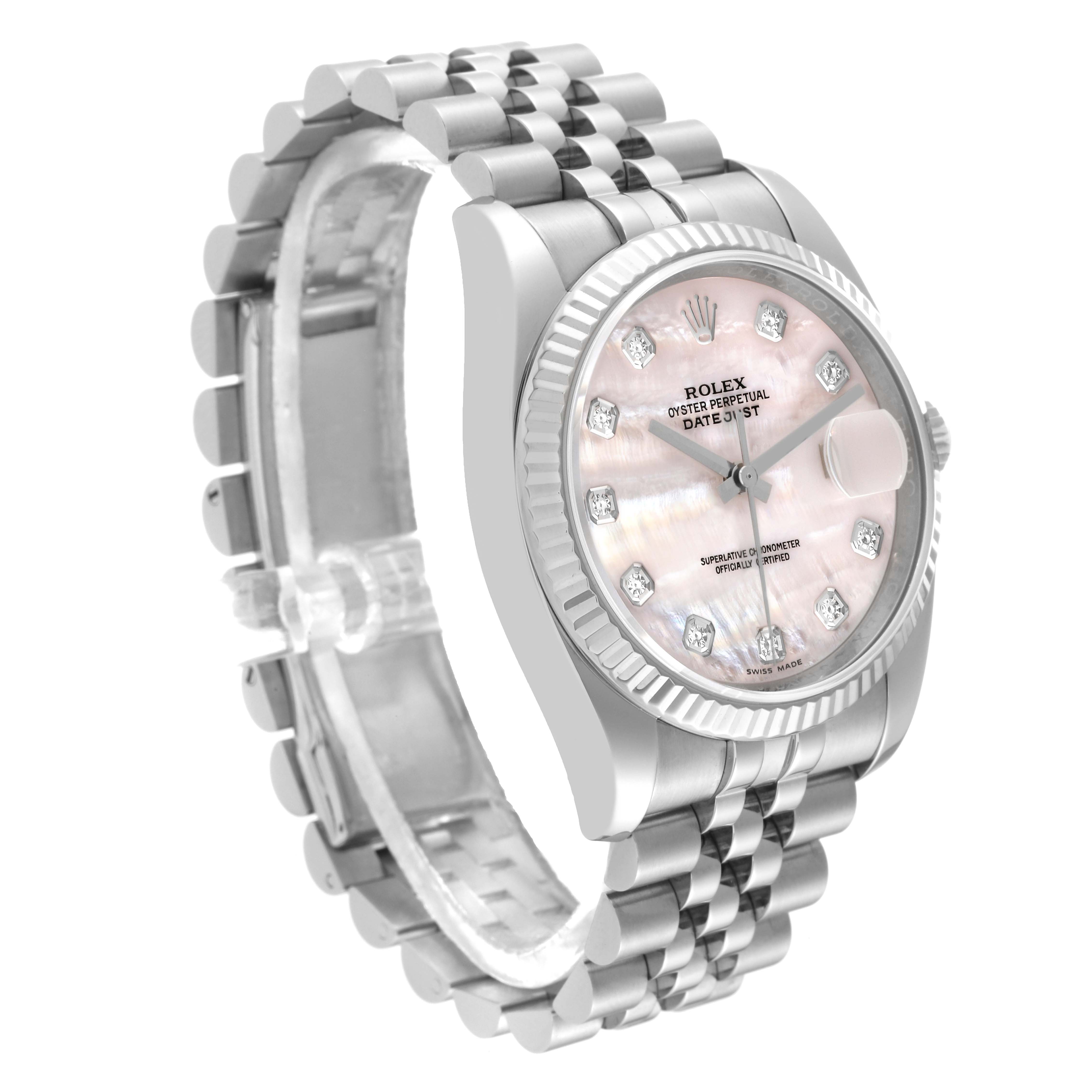 This Rolex Datejust 116234 Men's Stainless Steel Mother of Pearl Dial 116234 Men's Stainless Steel Mother of Pearl Dial model watch is shown at a slight angle, highlighting its face, bracelet, and fluted bezel.