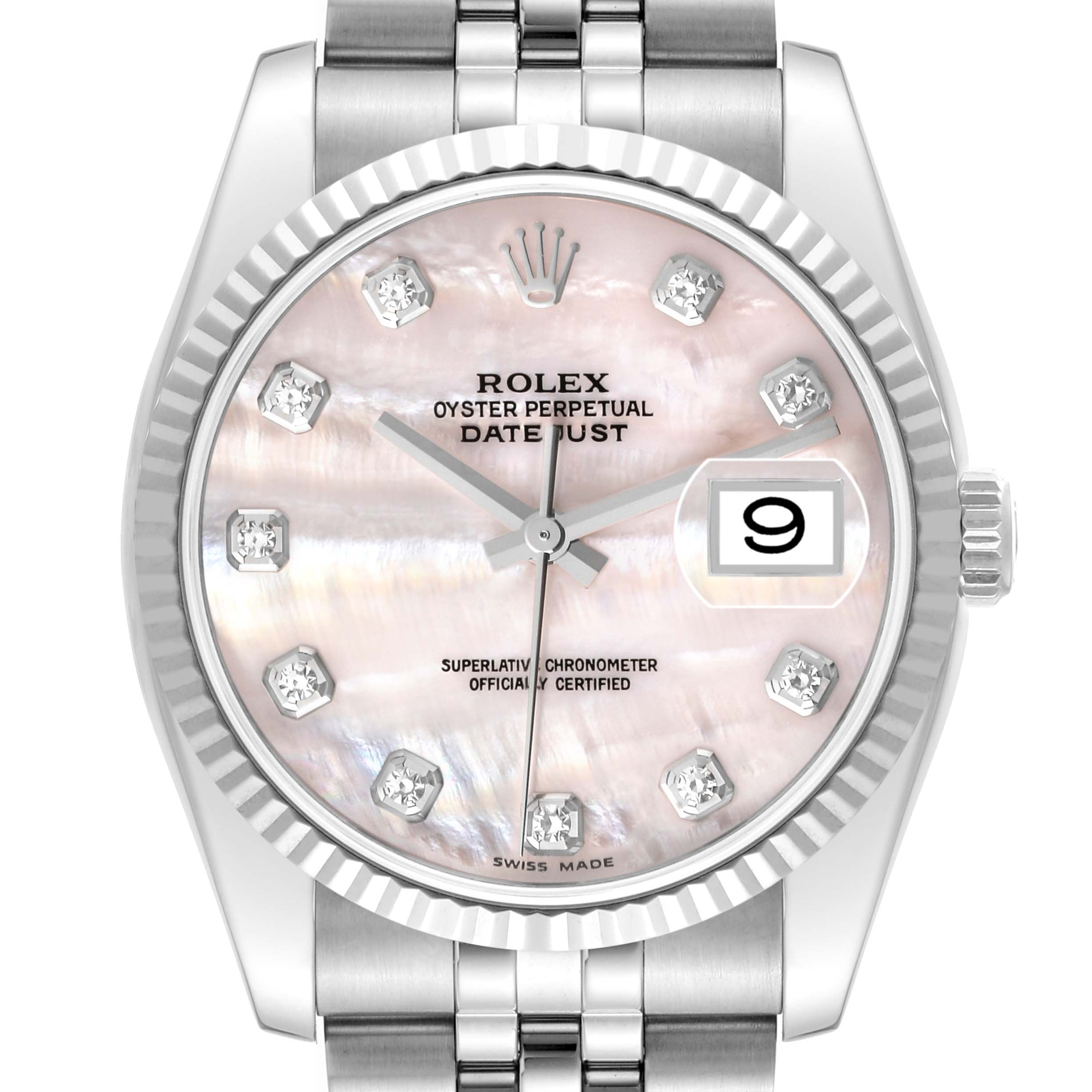The image shows a front view of the Rolex Datejust 116234 Men's Stainless Steel Mother of Pearl Dial 116234 Men's Stainless Steel Mother of Pearl Dial watch, highlighting its dial, bezel, and partially visible bracelet.