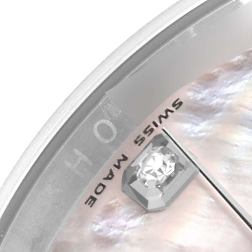 The image shows a close-up of the dial and bezel of a Rolex Datejust 116234 Men's Stainless Steel Mother of Pearl Dial 116234 Men's Stainless Steel Mother of Pearl Dial watch, highlighting the "Swiss Made" text and diamond hour marker.