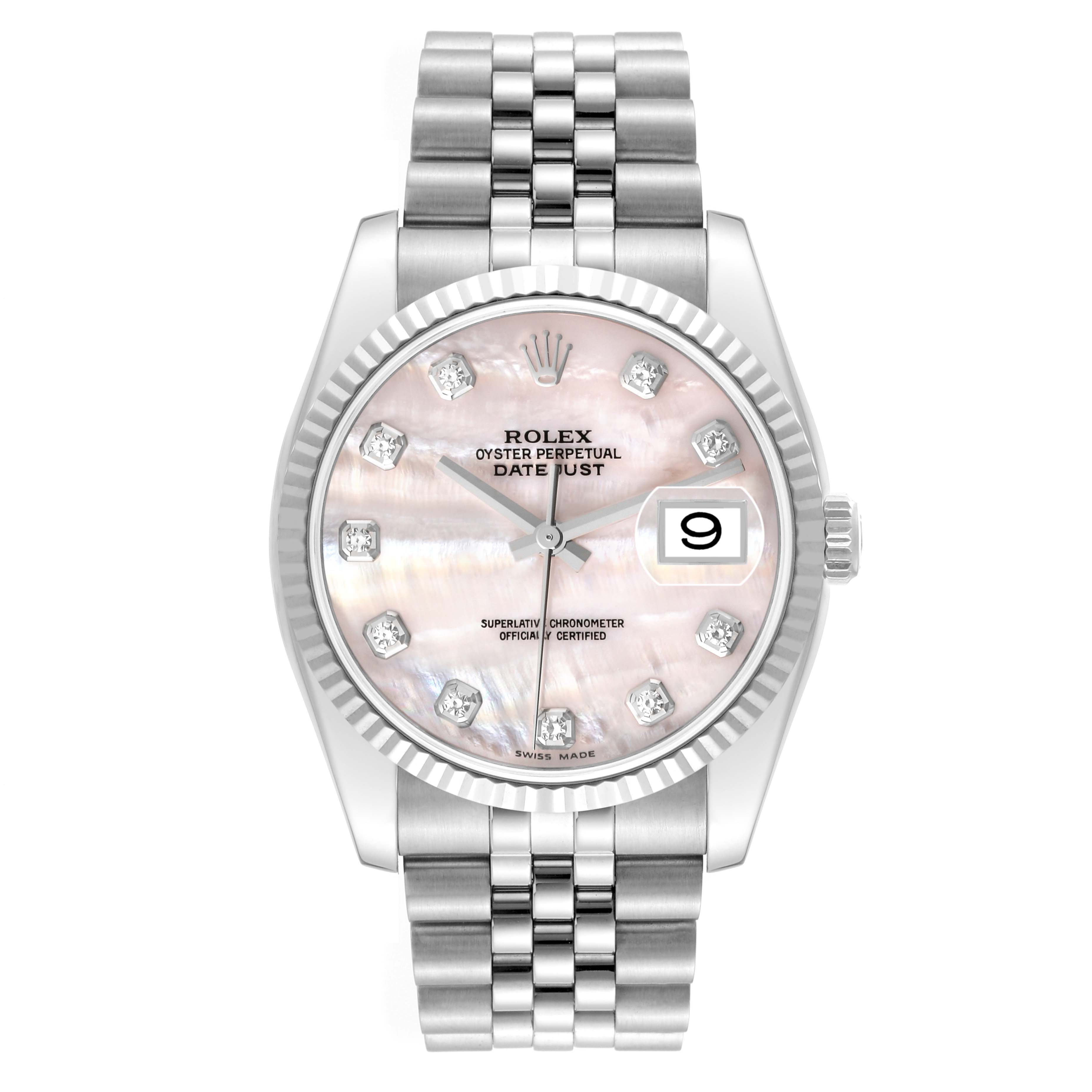 The image shows the front view of a Rolex Datejust 116234 Men's Stainless Steel Mother of Pearl Dial 116234 Men's Stainless Steel Mother of Pearl Dial watch, displaying the dial, hands, date window, and bracelet.
