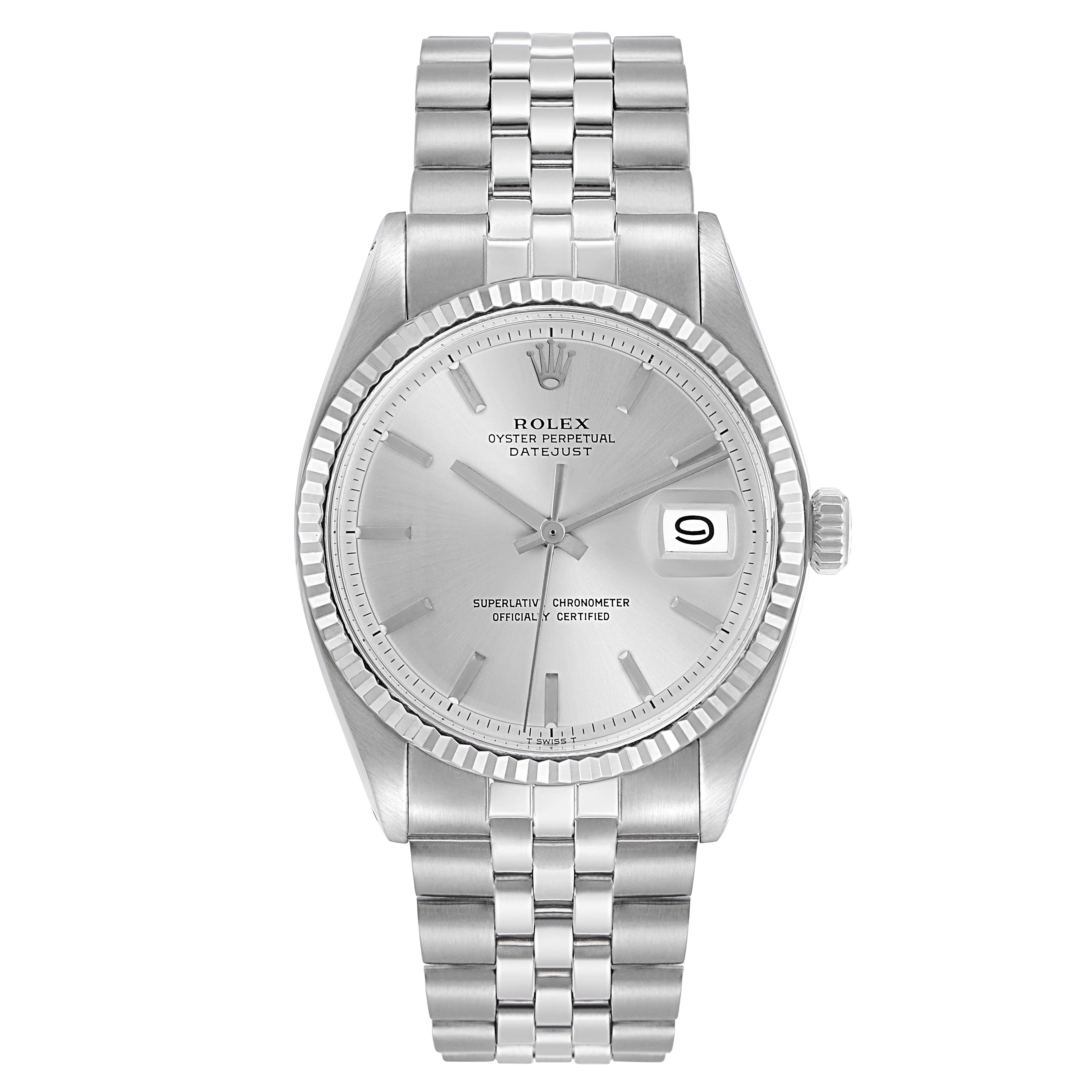 The Rolex Datejust 1601 Men
s Stainless Steel Silver Dial 1601 Men
s Stainless Steel Silver Dial watch is shown from a front angle, featuring its dial, bezel, crown, and bracelet.