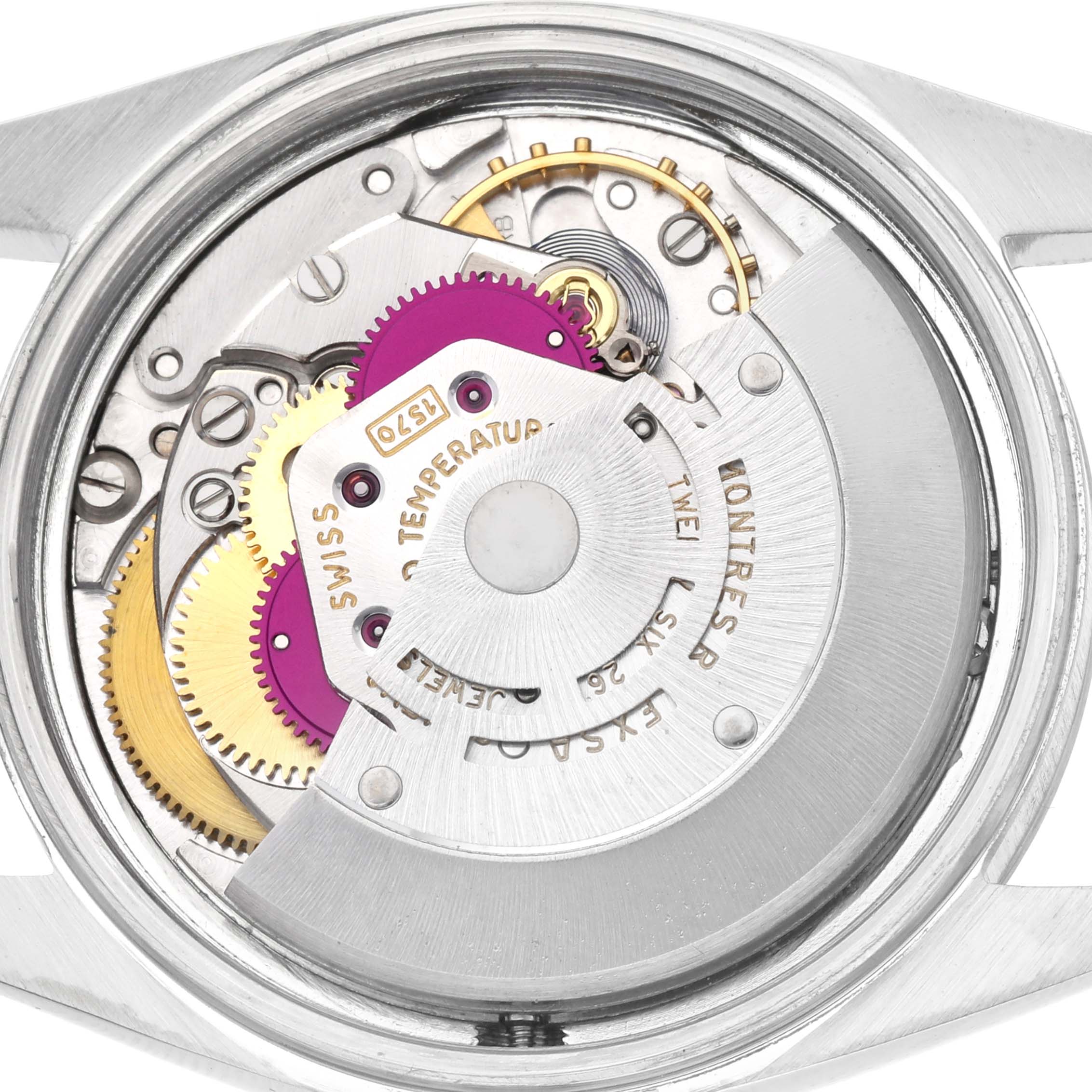 The image shows the Rolex Datejust 1601 Men
s Stainless Steel Silver Dial 1601 Men
s Stainless Steel Silver Dial watch movement from the back, highlighting gears and mechanical components.