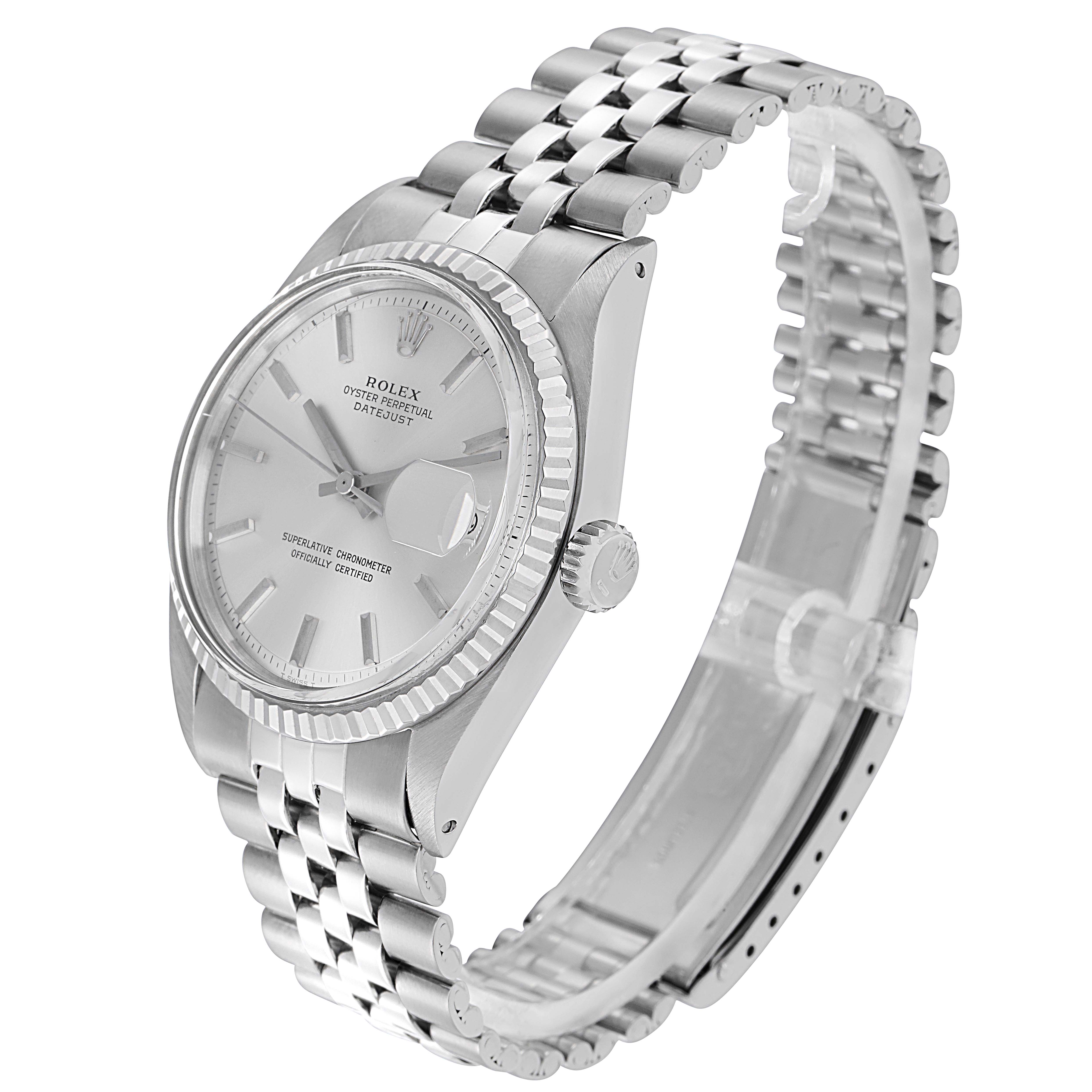 The Rolex Datejust 1601 Men
s Stainless Steel Silver Dial 1601 Men
s Stainless Steel Silver Dial watch is shown at a three-quarter angle, highlighting the dial, bezel, crown, and Jubilee bracelet.