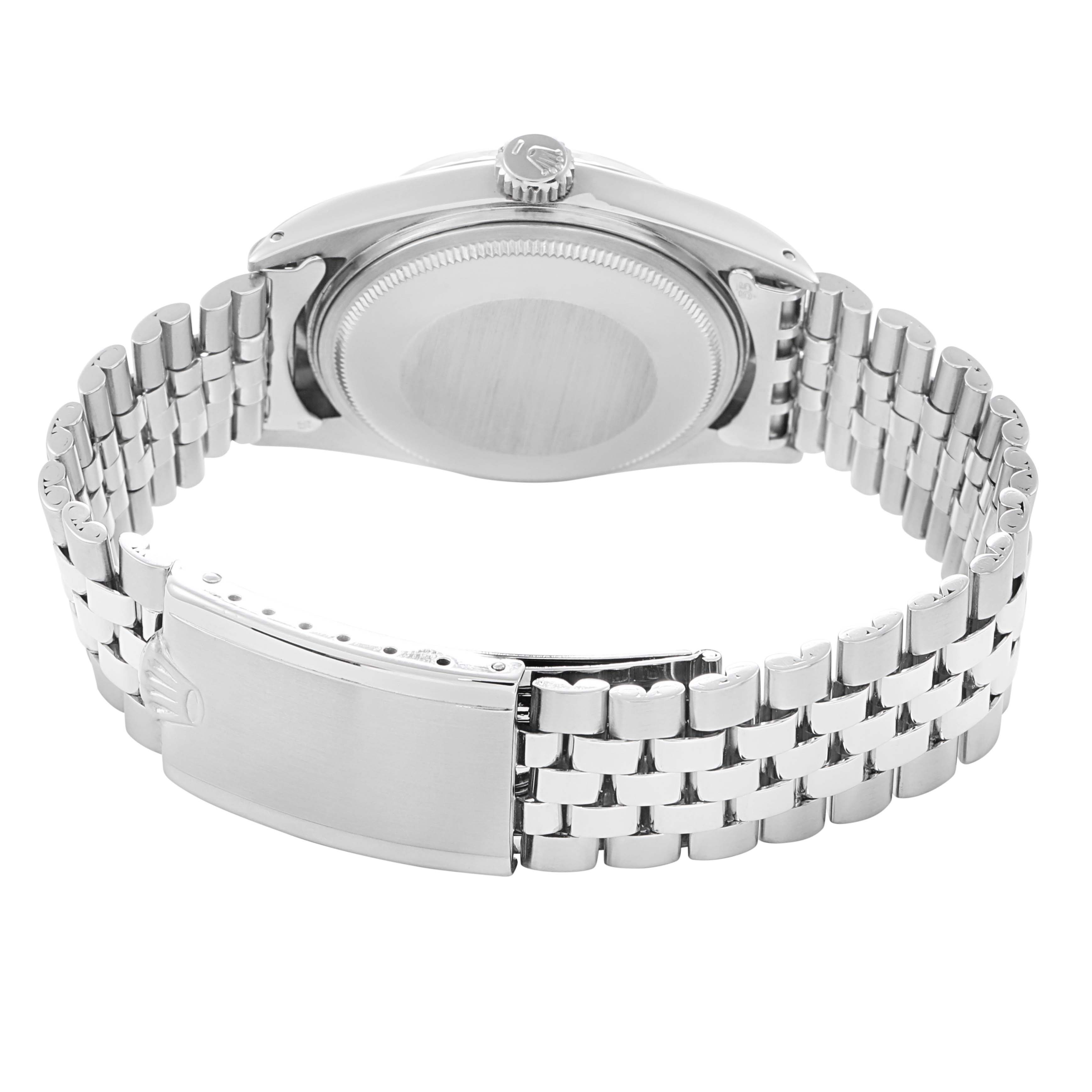 The image shows the back of the Rolex Datejust 1601 Men
s Stainless Steel Silver Dial 1601 Men
s Stainless Steel Silver Dial watch, highlighting the case back, Jubilee bracelet, and clasp.