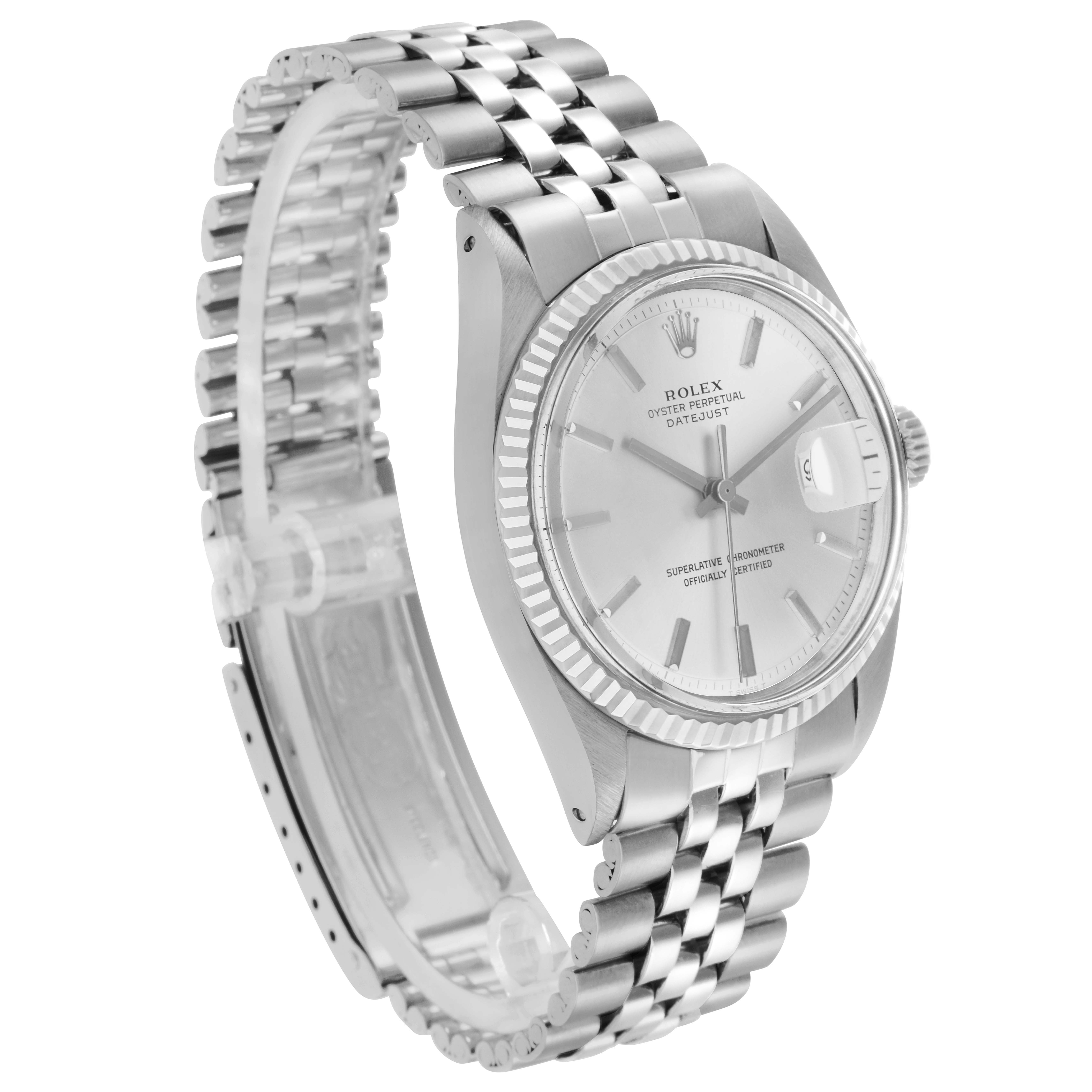 The Rolex Datejust 1601 Men
s Stainless Steel Silver Dial 1601 Men
s Stainless Steel Silver Dial watch is shown at a three-quarter angle, highlighting the watch face, bezel, and bracelet.