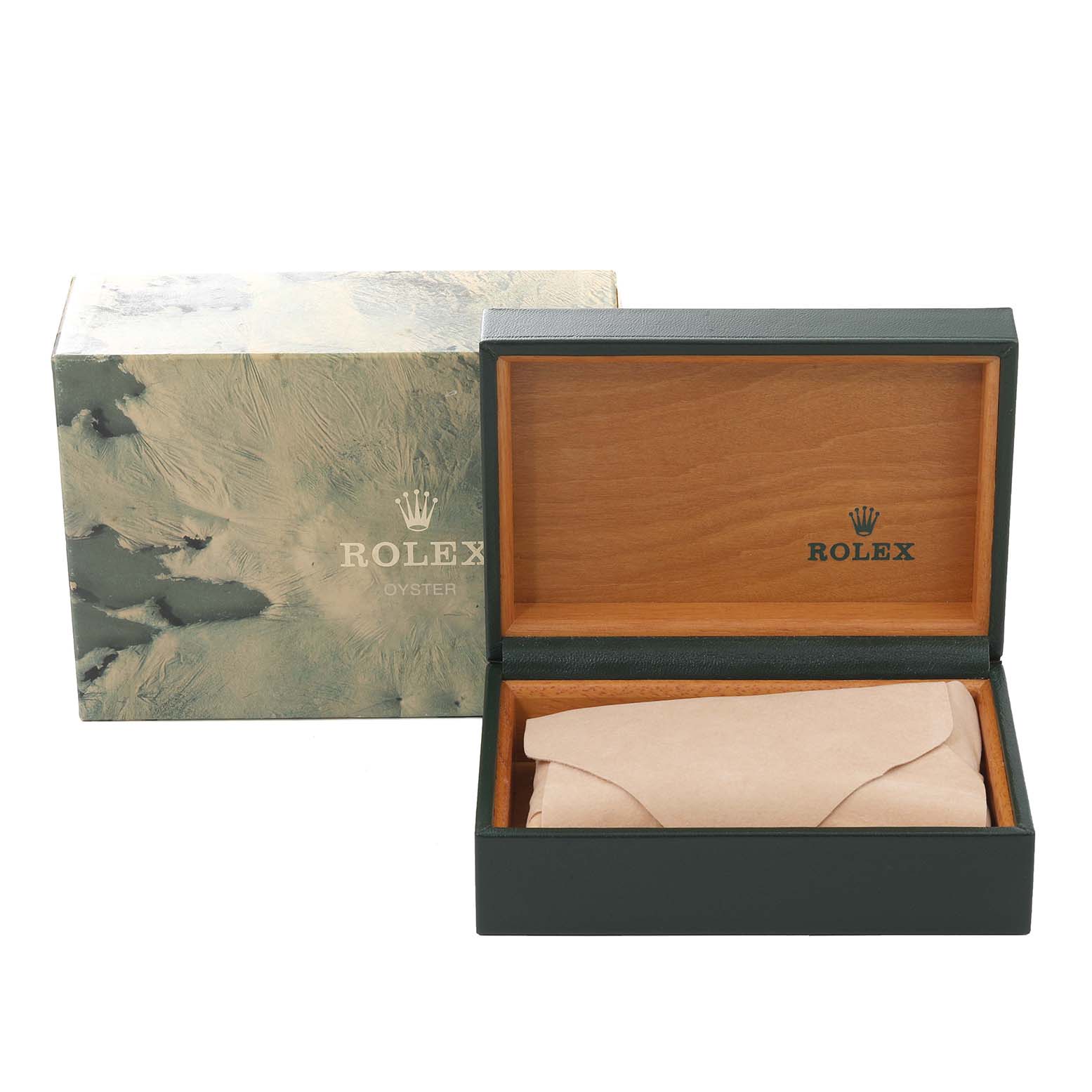 The image shows an open Rolex Datejust 16013 Men's Steel and Gold (two tone) Black Dial 16013 Men's Steel and Gold (two tone) Black Dial watch box and its outer packaging, displaying both the interior and exterior.