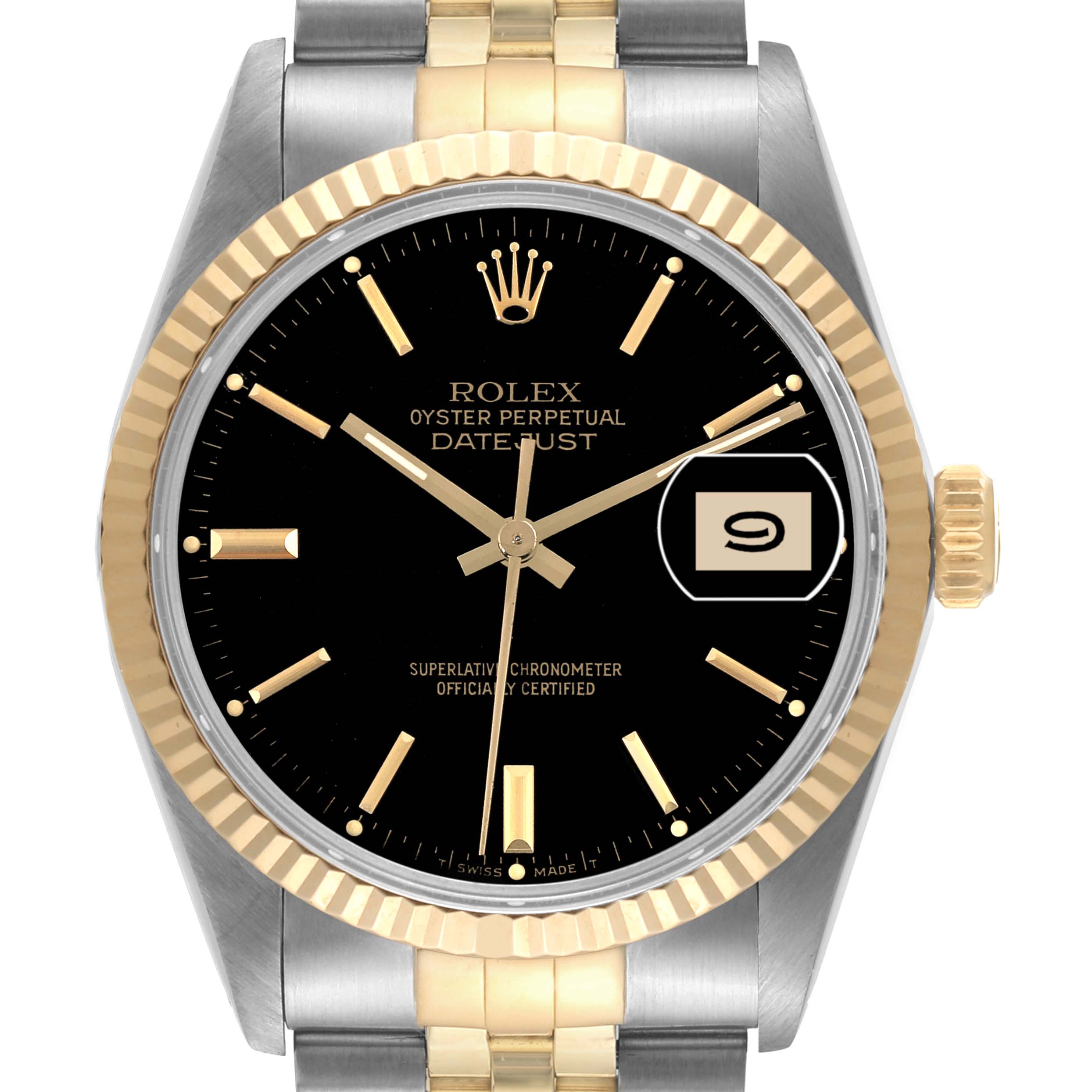 This Rolex Datejust 16013 Men's Steel and Gold (two tone) Black Dial 16013 Men's Steel and Gold (two tone) Black Dial watch is shown from a frontal angle, displaying the black dial, gold hour markers, date window, and two-tone bracelet.