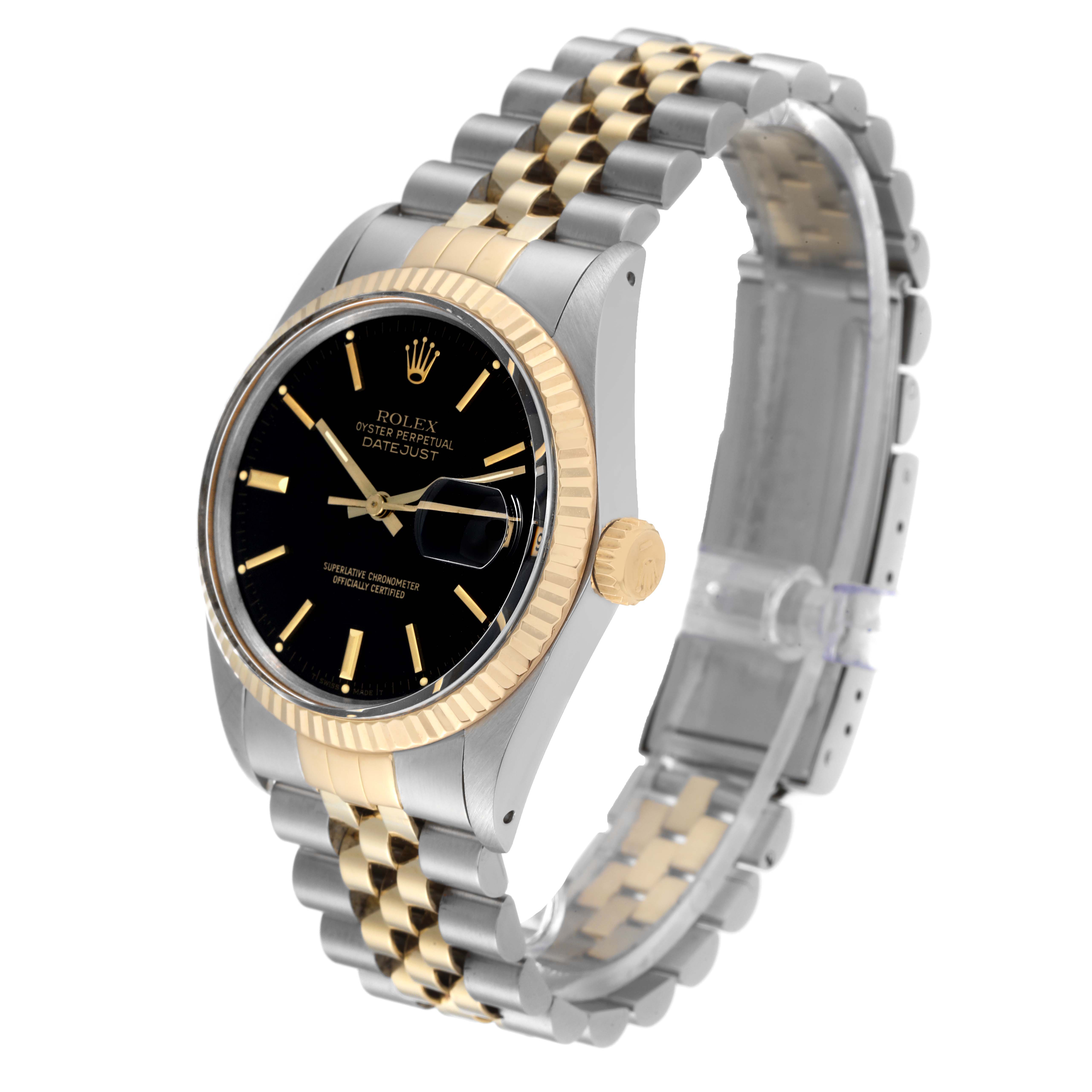 The image shows a Rolex Datejust 16013 Men's Steel and Gold (two tone) Black Dial 16013 Men's Steel and Gold (two tone) Black Dial watch at a slight angle highlighting the face, bezel, and bracelet.