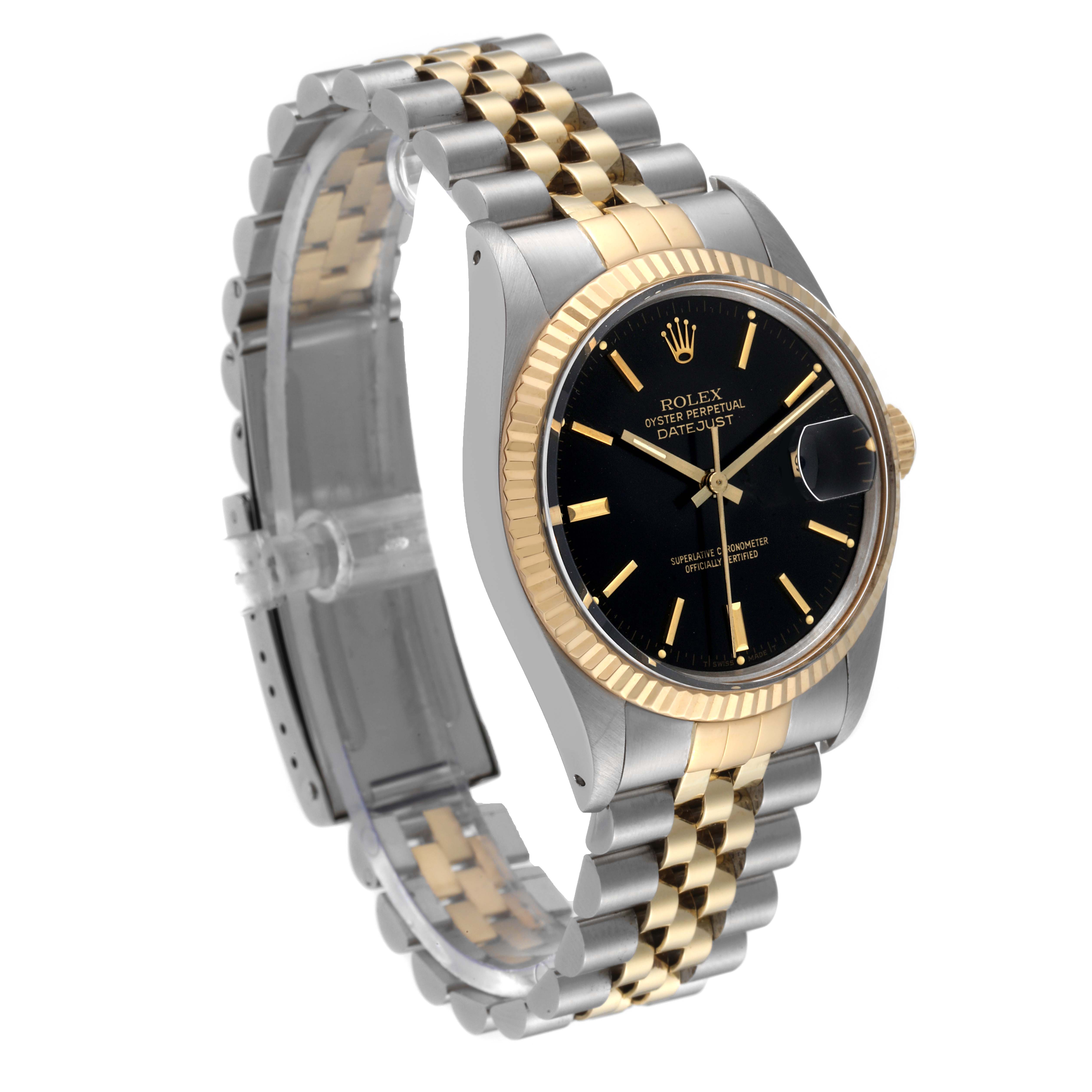 This image of the Rolex Datejust 16013 Men's Steel and Gold (two tone) Black Dial 16013 Men's Steel and Gold (two tone) Black Dial watch shows a 3/4 angle, highlighting the bracelet, bezel, dial, and crown.