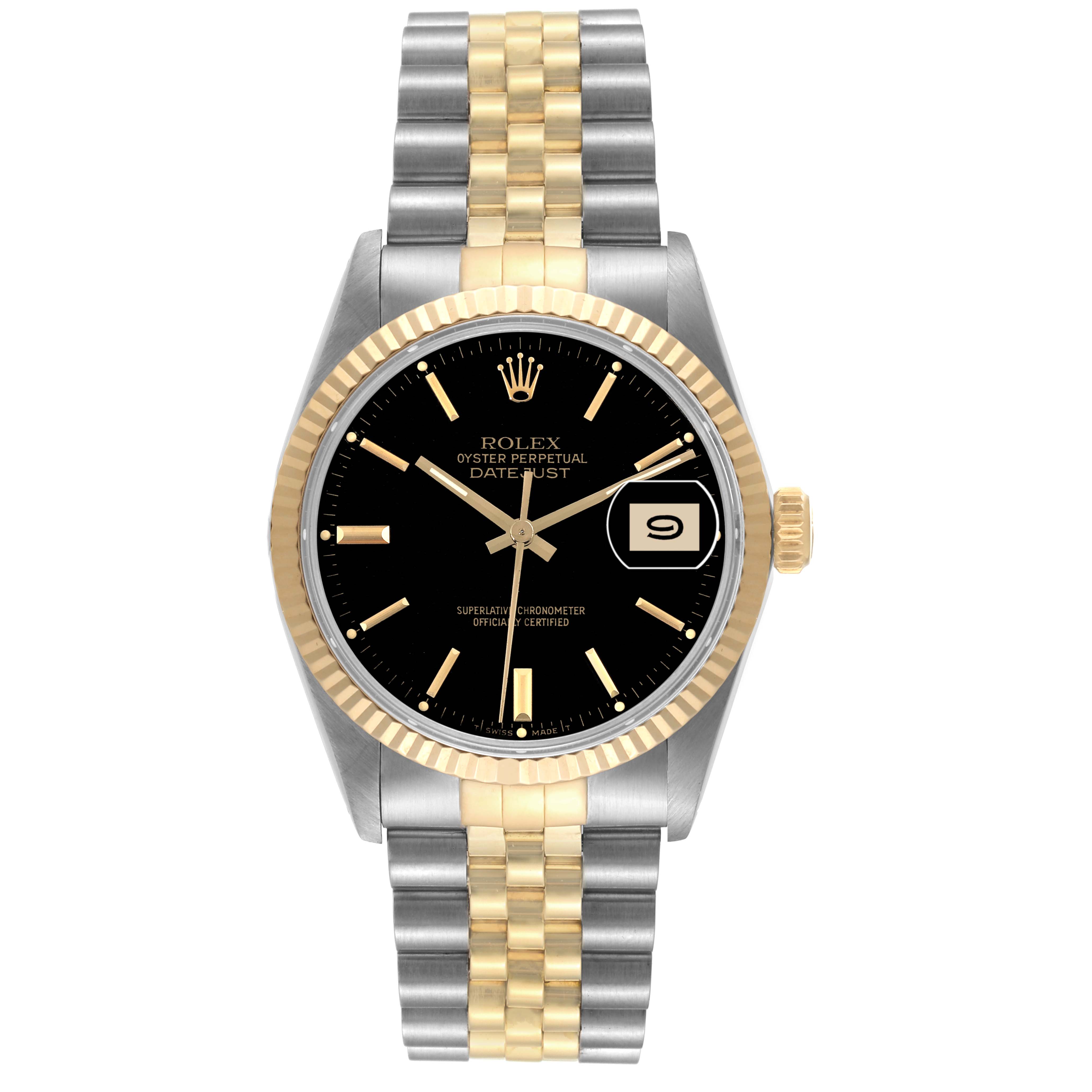 This image shows a Rolex Datejust 16013 Men's Steel and Gold (two tone) Black Dial 16013 Men's Steel and Gold (two tone) Black Dial watch with a Jubilee bracelet, two-tone design, black dial, and date display, viewed from the front.