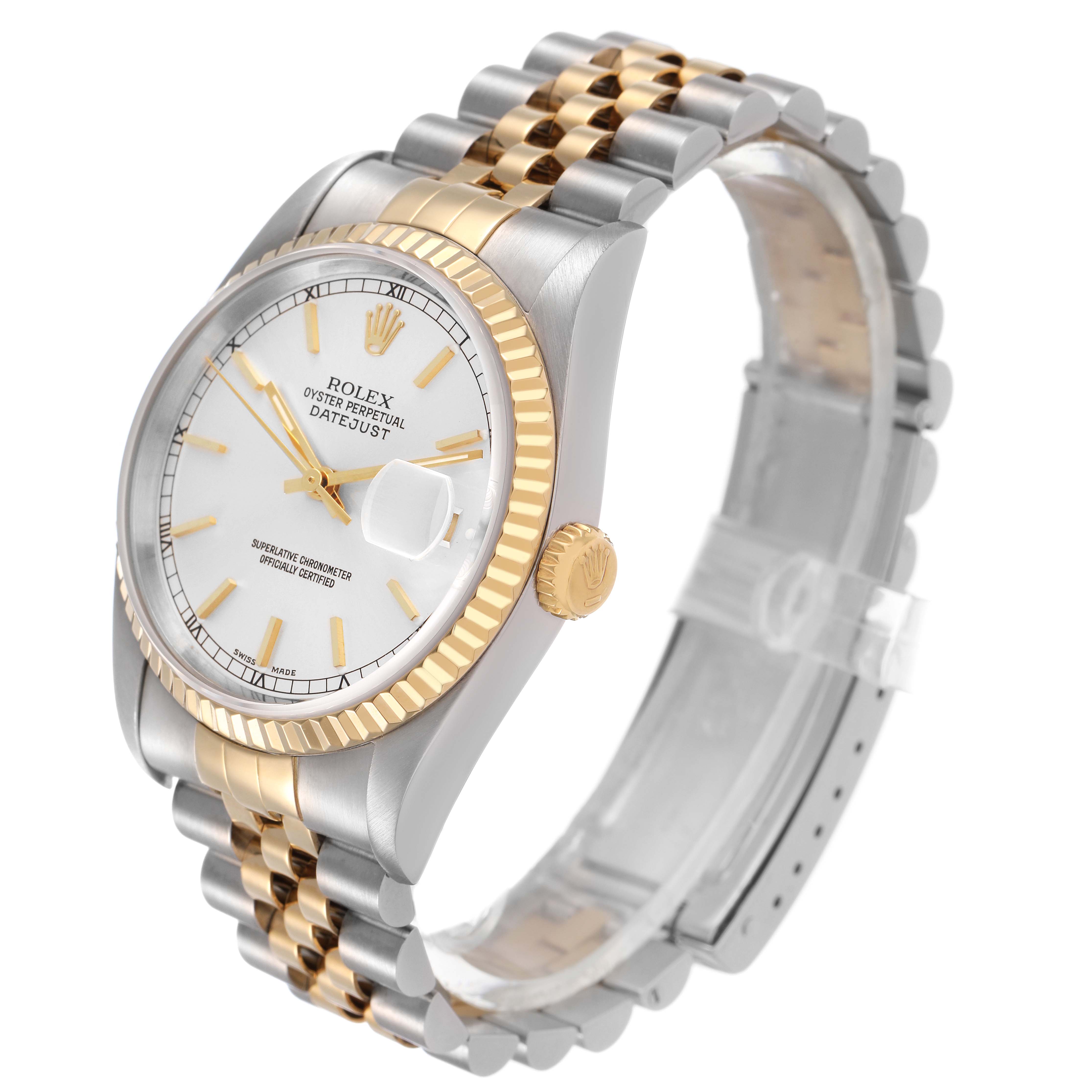 The Rolex Datejust 16233 Men's Stainless Steel White Dial watch is shown at a three-quarter angle, highlighting the face, bezel, crown, and Jubilee bracelet.