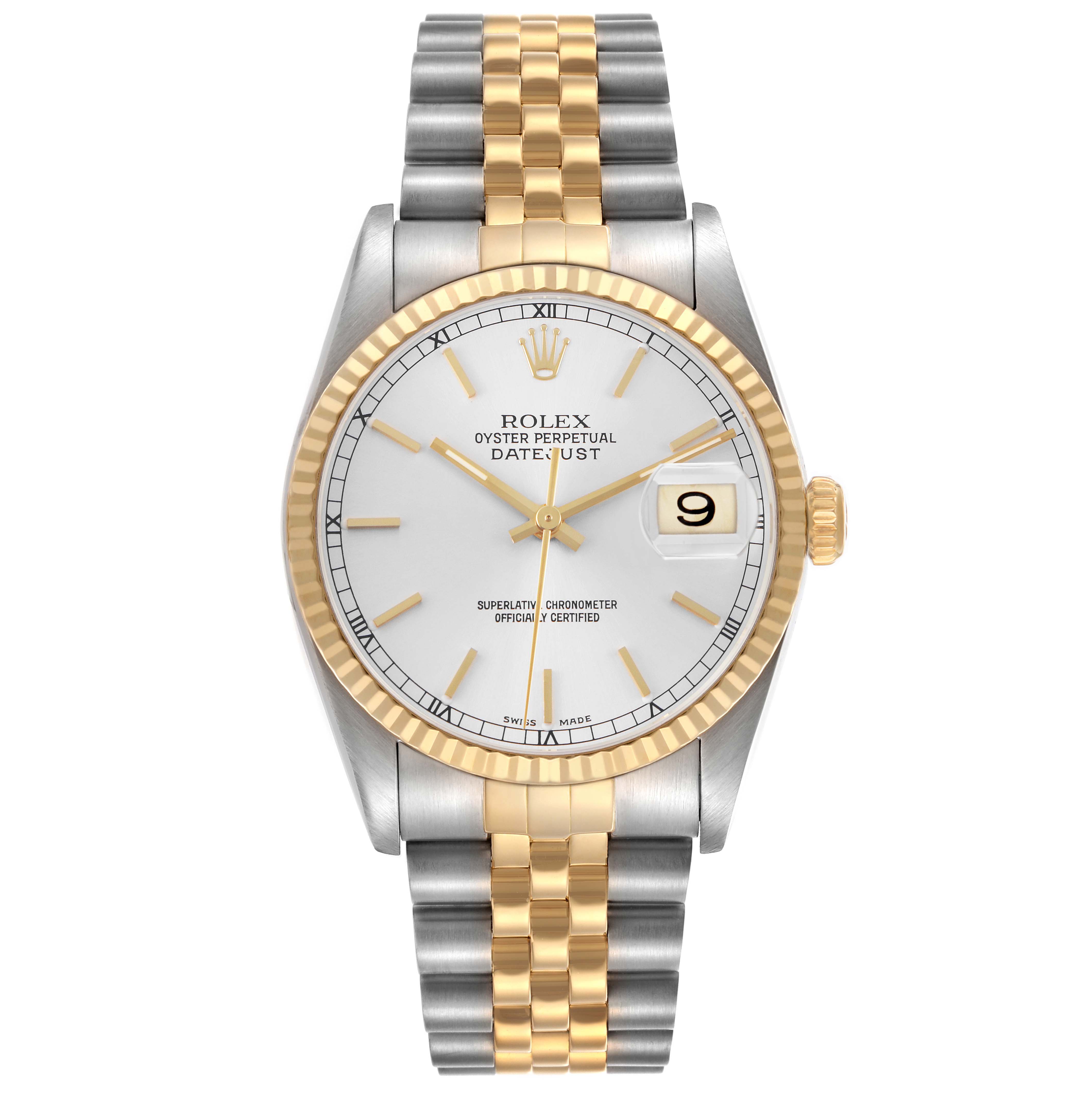 The Rolex Datejust 16233 Men's Stainless Steel White Dial watch is shown from a front angle, highlighting the dial, bezel, bracelet, and date window.
