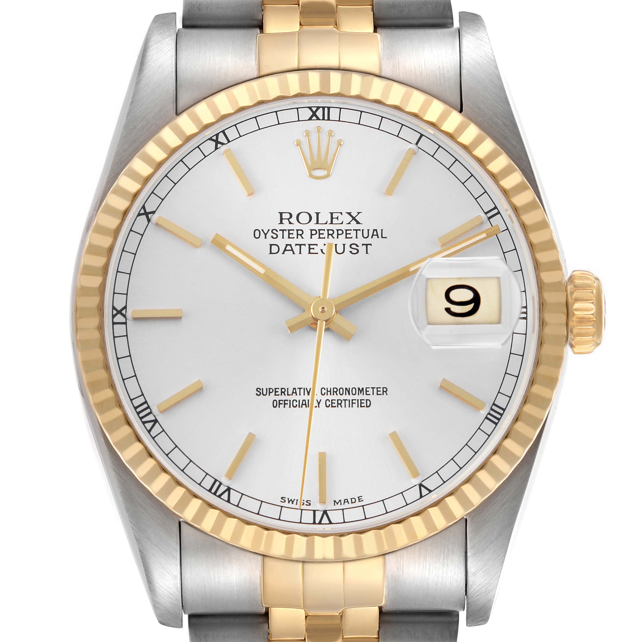 The Rolex Datejust 16233 Men's Stainless Steel White Dial watch is shown from a front view, highlighting the dial, bezel, and part of the bracelet.