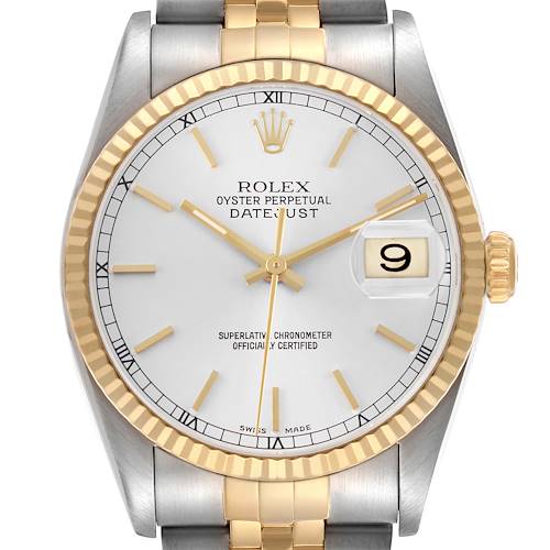 The Rolex Datejust 16233 Men's Stainless Steel White Dial watch is shown from the front, highlighting the dial, bezel, crown, and part of the two-tone bracelet.