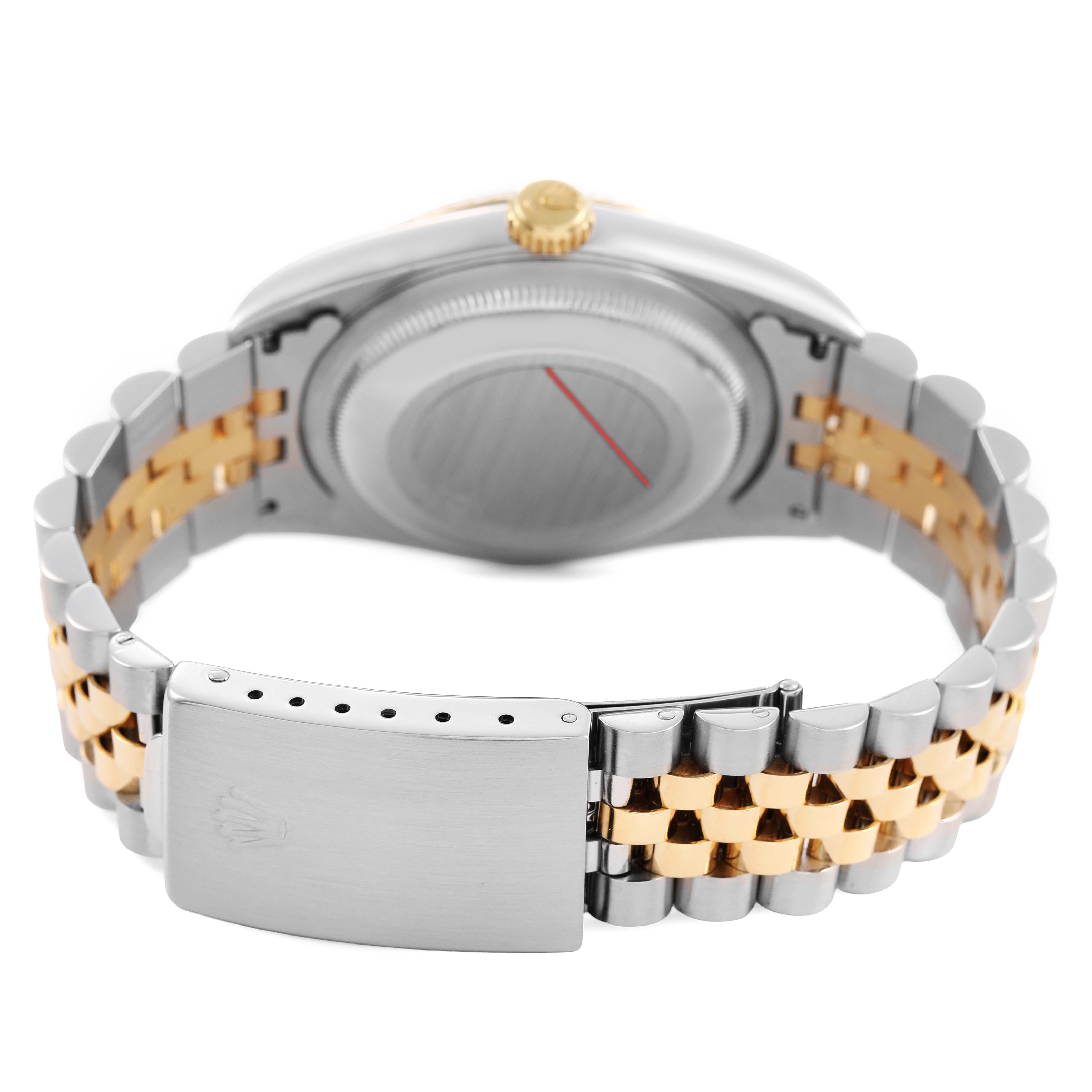 The image shows the back view of a Rolex Datejust 16233 Men's Stainless Steel White Dial, highlighting the case back and two-tone bracelet with a clasp.