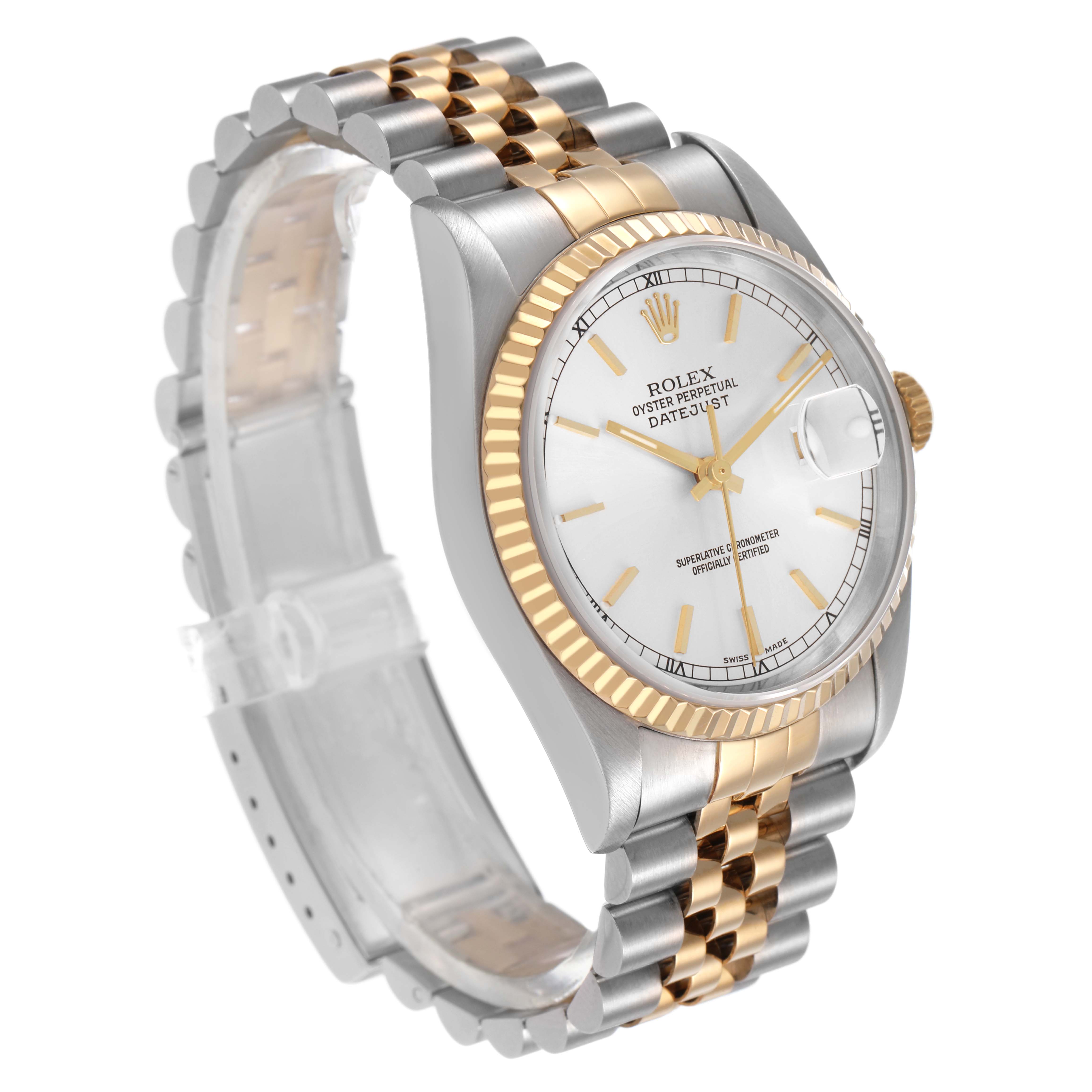 The Rolex Datejust 16233 Men's Stainless Steel White Dial watch is shown at an angled side view, highlighting its fluted bezel and two-tone bracelet.