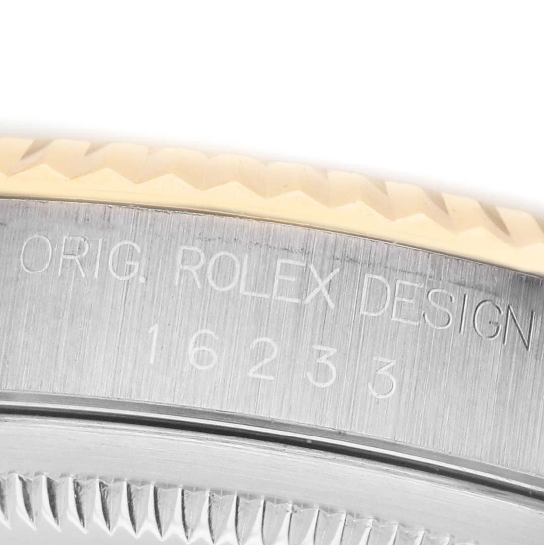The image shows a close-up of the side engraving on a Rolex Datejust 16233 Men's Stainless Steel White Dial, highlighting the model number and "ORIG. ROLEX DESIGN".