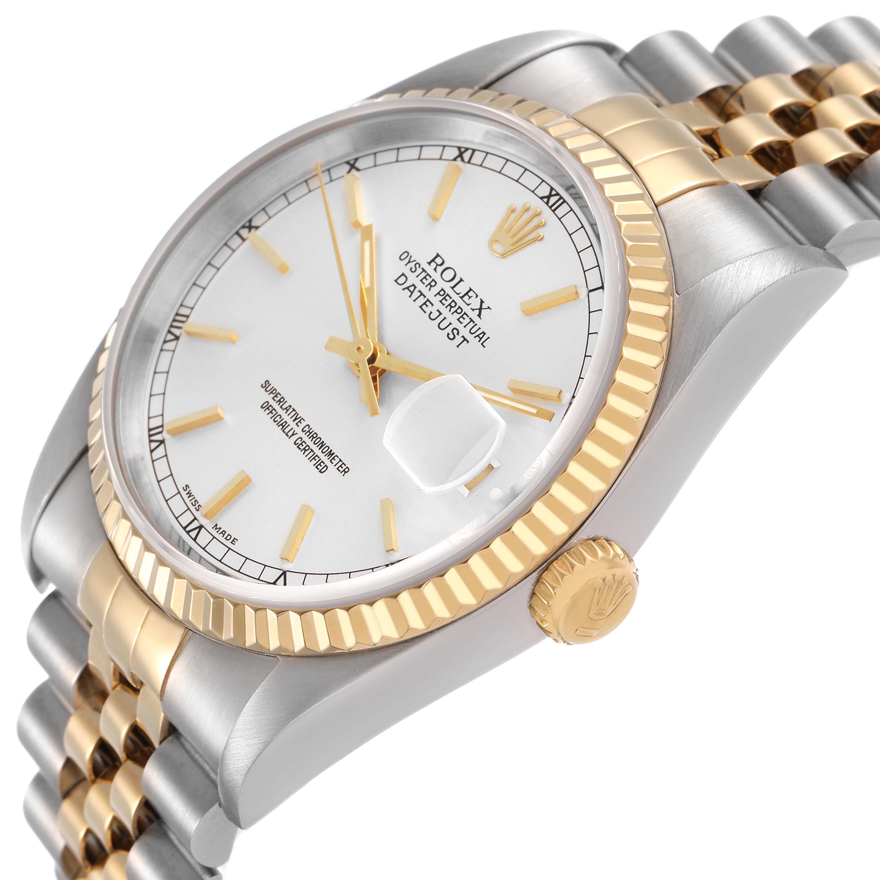 This image shows a Rolex Datejust 16233 Men's Stainless Steel White Dial watch at an angled side view, highlighting the dial, bezel, crown, and bracelet.