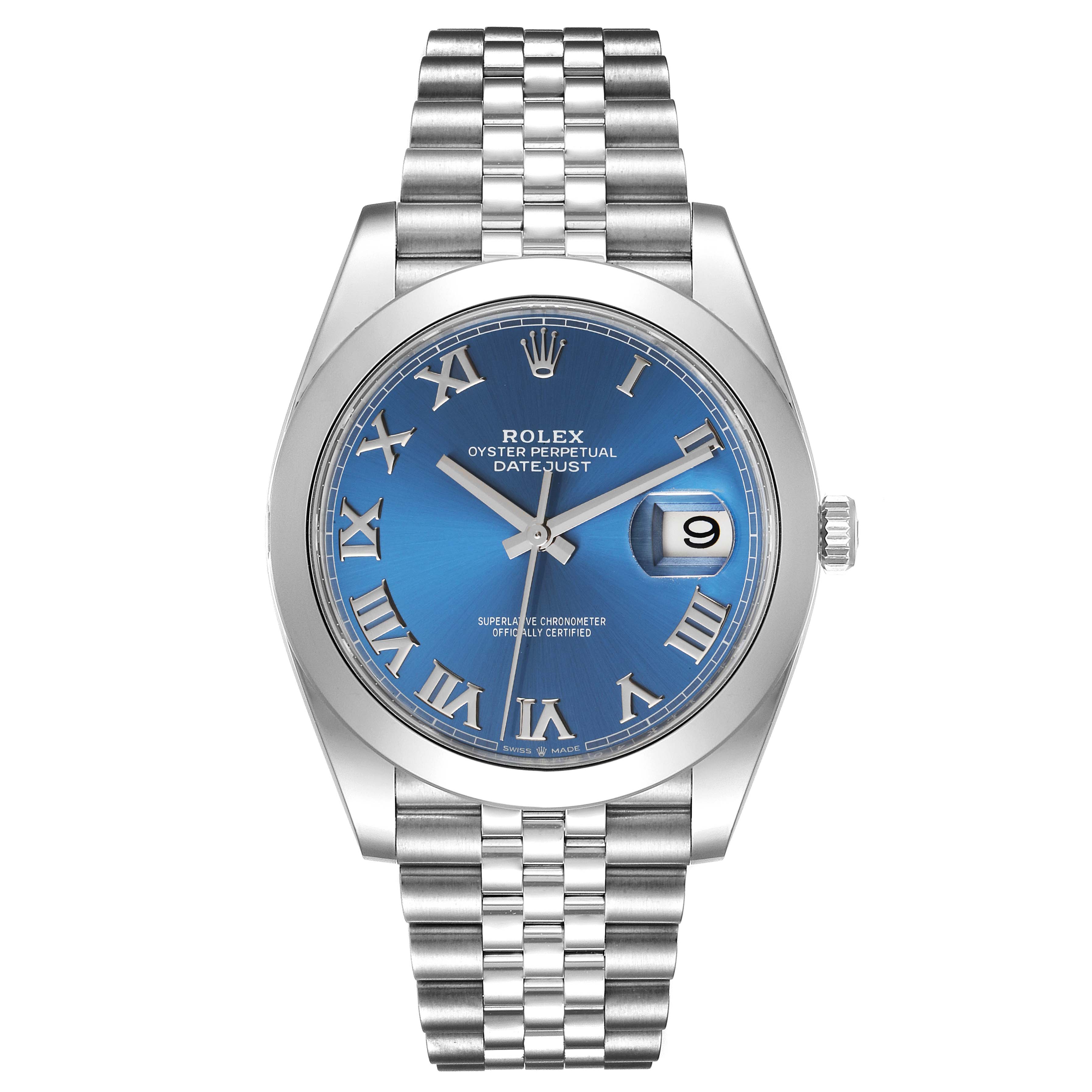 This is a front view of a Rolex Datejust 41 126300 Men
s Stainless Steel Blue Dial 126300 Men
s Stainless Steel Blue Dial watch, featuring a blue dial with Roman numerals and a Jubilee bracelet.