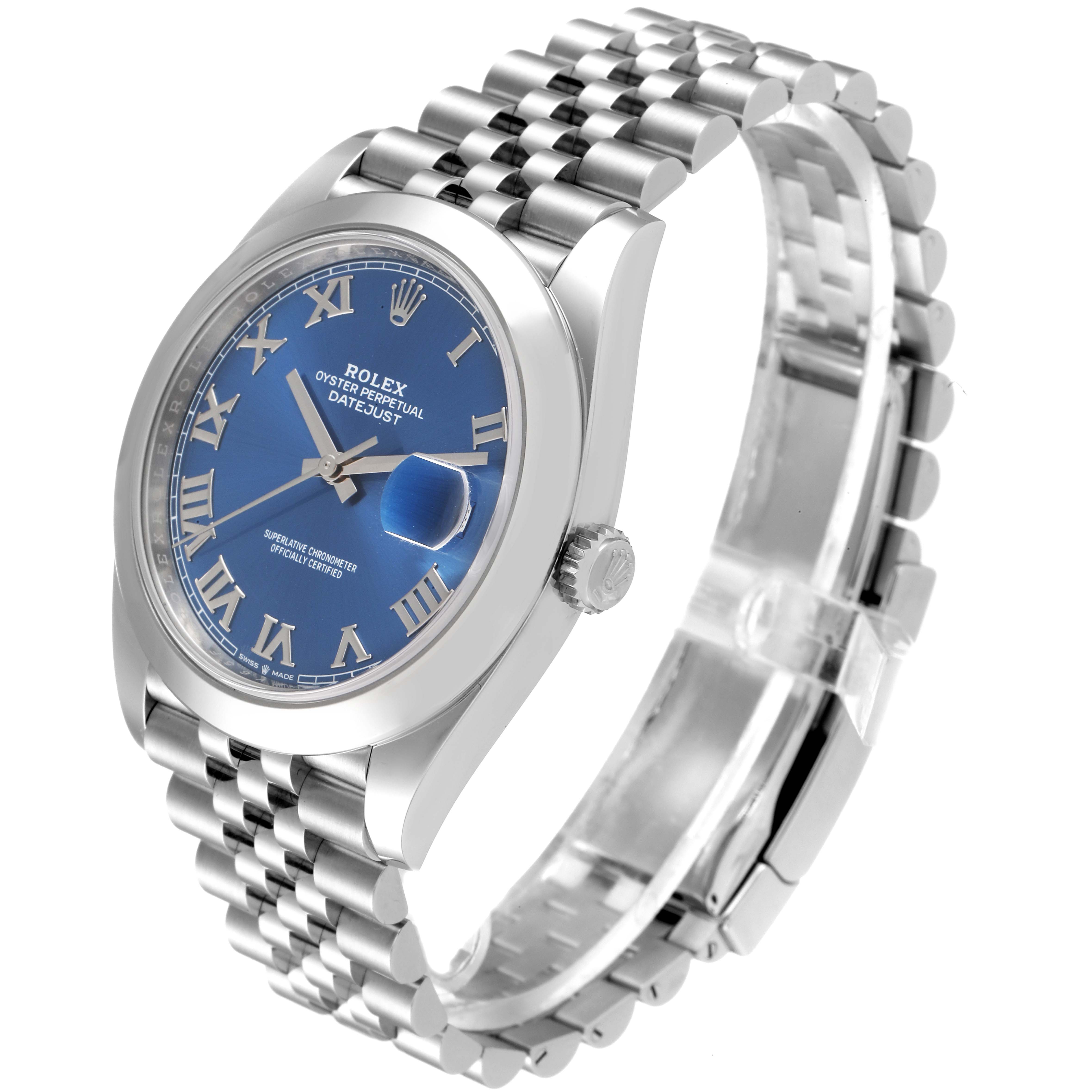 This image shows a Rolex Datejust 41 126300 Men
s Stainless Steel Blue Dial 126300 Men
s Stainless Steel Blue Dial watch at a three-quarter angle, displaying its blue dial, Roman numerals, and Jubilee bracelet.