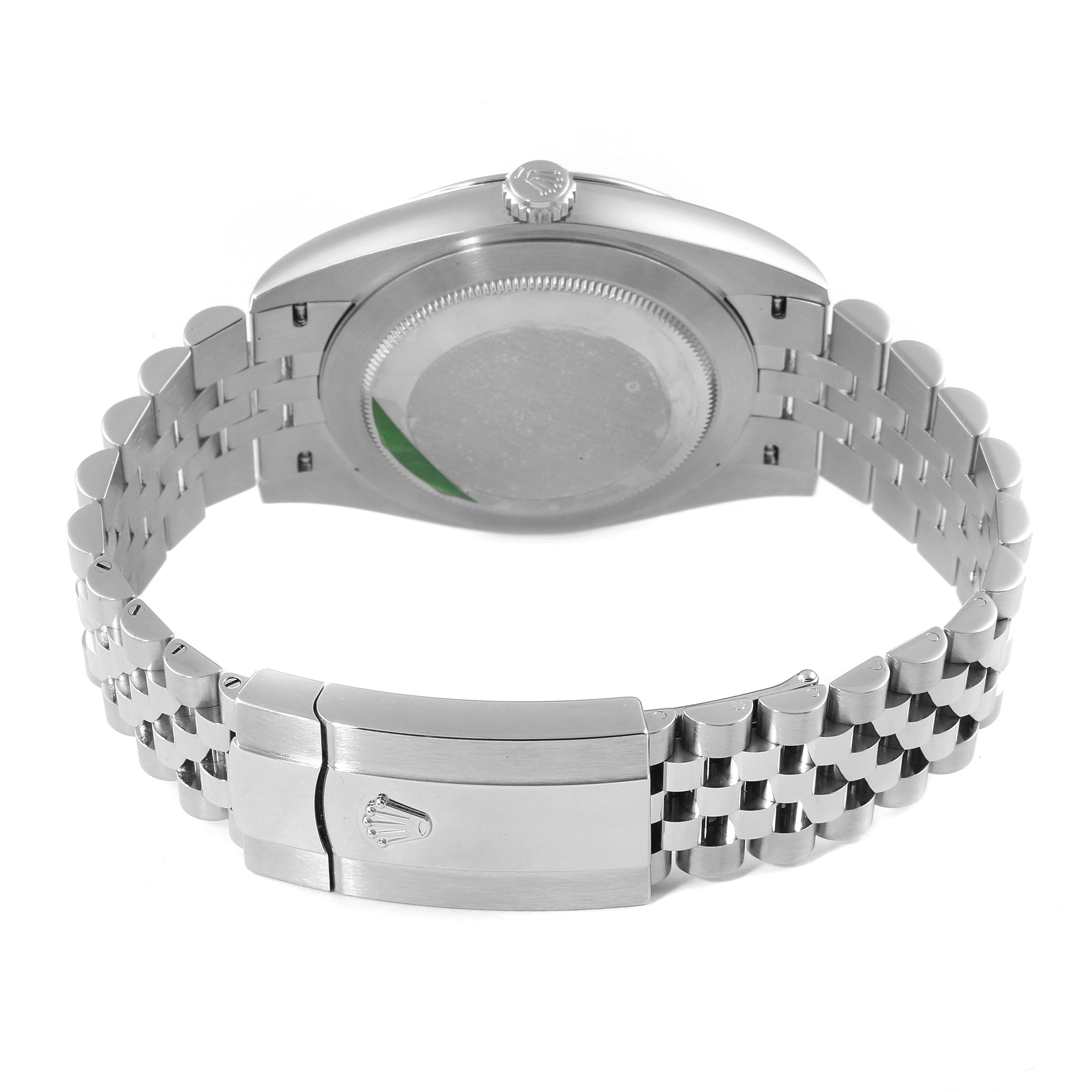 The image shows the back case and clasp of a Rolex Datejust 41 126300 Men
s Stainless Steel Blue Dial 126300 Men
s Stainless Steel Blue Dial watch from a bottom angle.