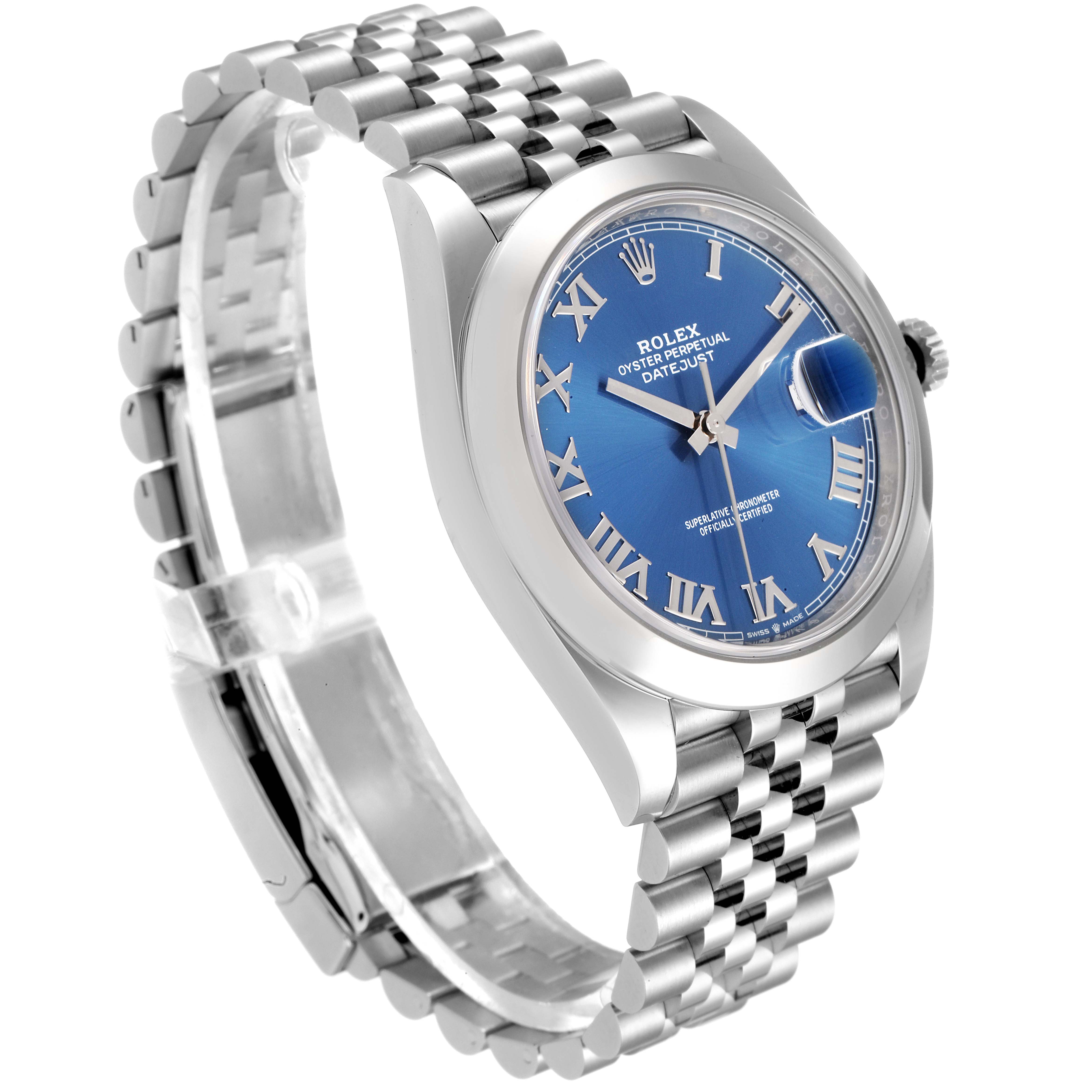 This image shows a side-angle view of a Rolex Datejust 41 126300 Men
s Stainless Steel Blue Dial 126300 Men
s Stainless Steel Blue Dial watch, highlighting its blue dial, Roman numerals, and Jubilee bracelet.