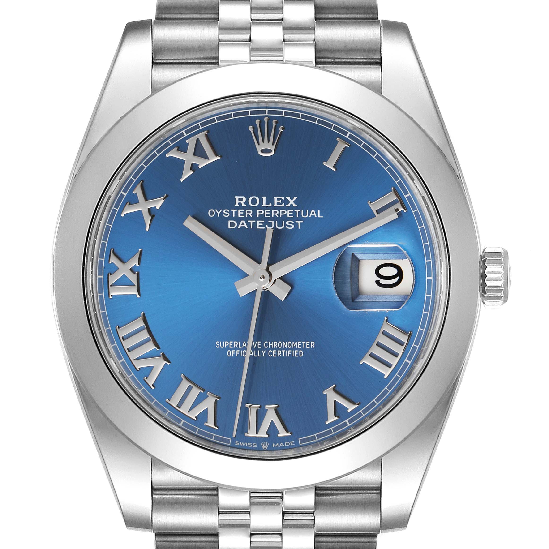 The image shows a front view of the Rolex Datejust 41 126300 Men
s Stainless Steel Blue Dial 126300 Men
s Stainless Steel Blue Dial watch, featuring a blue dial, date window, and silver Roman numerals.