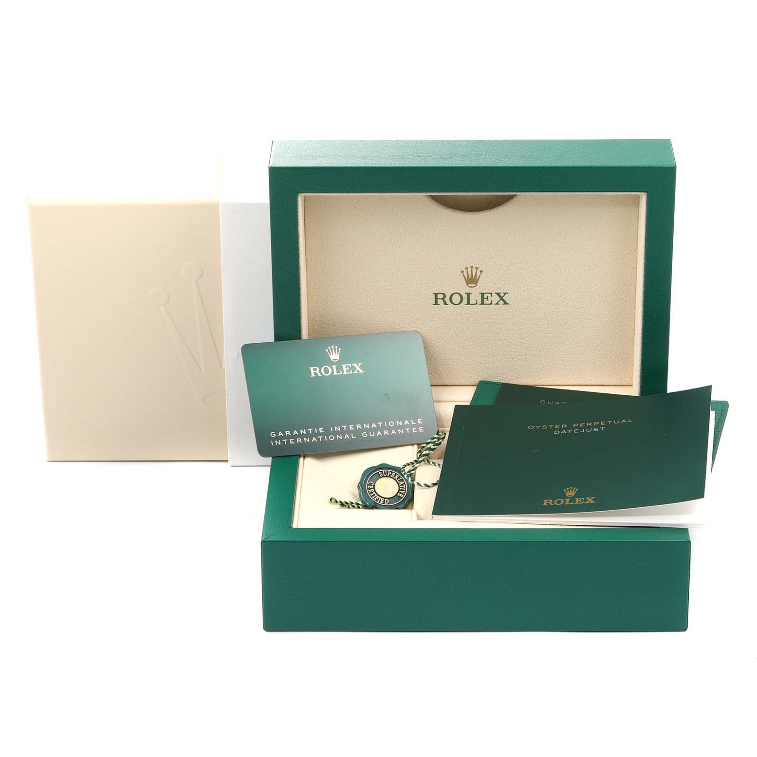 The image shows the packaging and accessories for the Rolex Datejust 41 126300 Men
s Stainless Steel Blue Dial 126300 Men
s Stainless Steel Blue Dial, including the guarantee card and manuals.