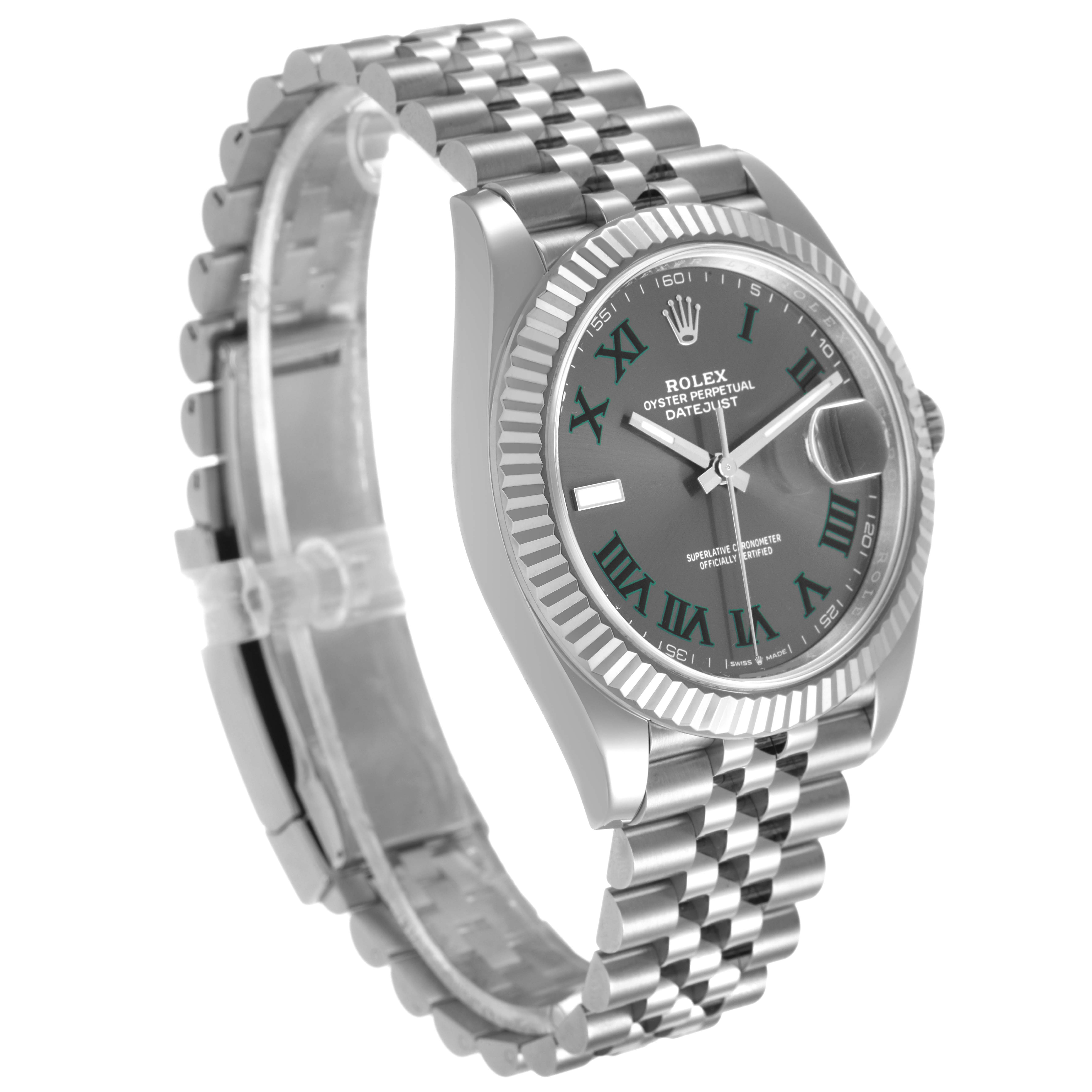 The Rolex Datejust 41 126334 Men's Stainless Steel Grey Dial is shown from a three-quarter angle, highlighting the face, fluted bezel, jubilee bracelet, and cyclops lens.