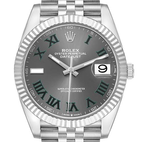 The Rolex Datejust 41 126334 Men's Stainless Steel Grey Dial is shown from the front, highlighting the dial, fluted bezel, crown, and bracelet.
