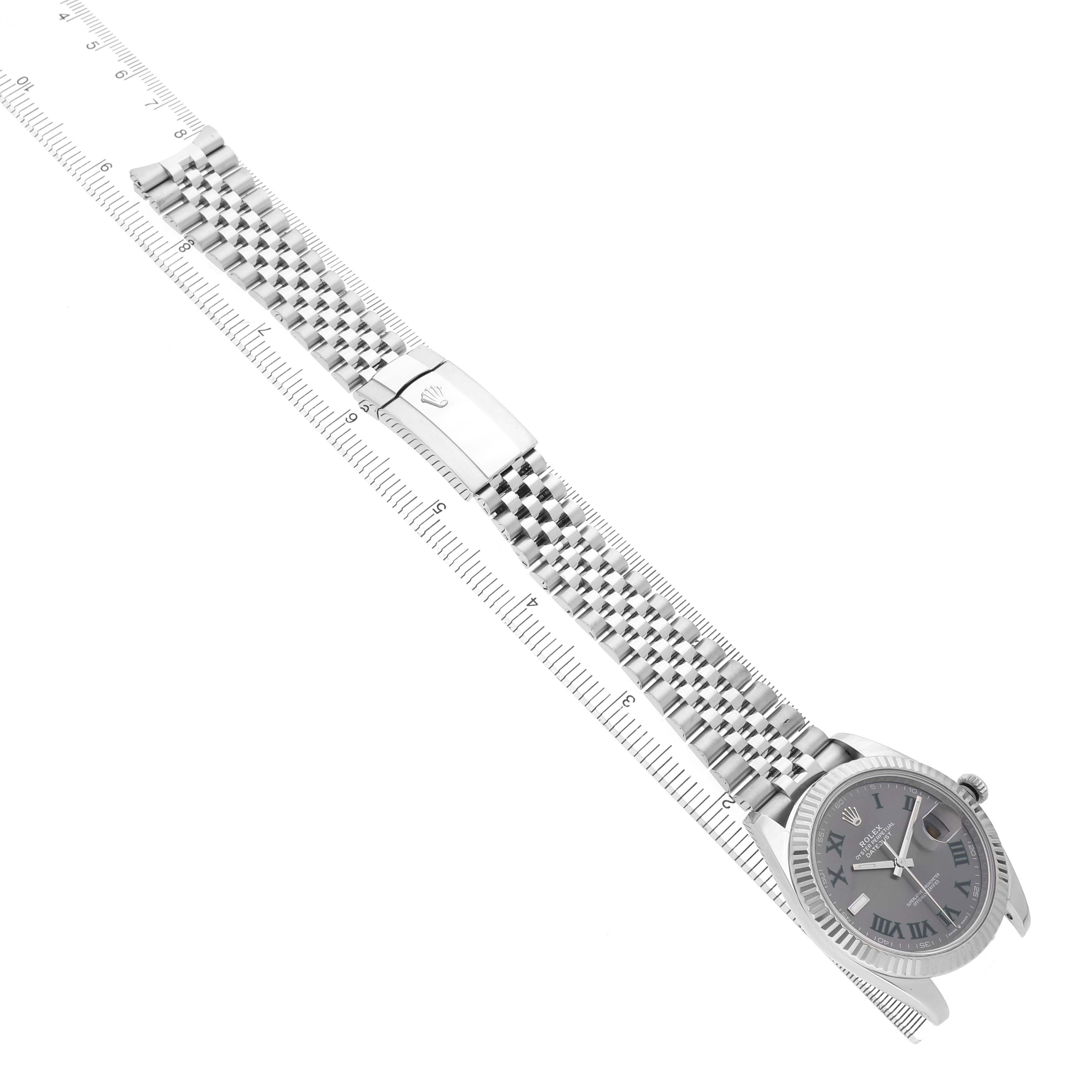 The Rolex Datejust 41 126334 Men's Stainless Steel Grey Dial watch is shown from a top-down angle, displaying the face, bracelet, and clasp.