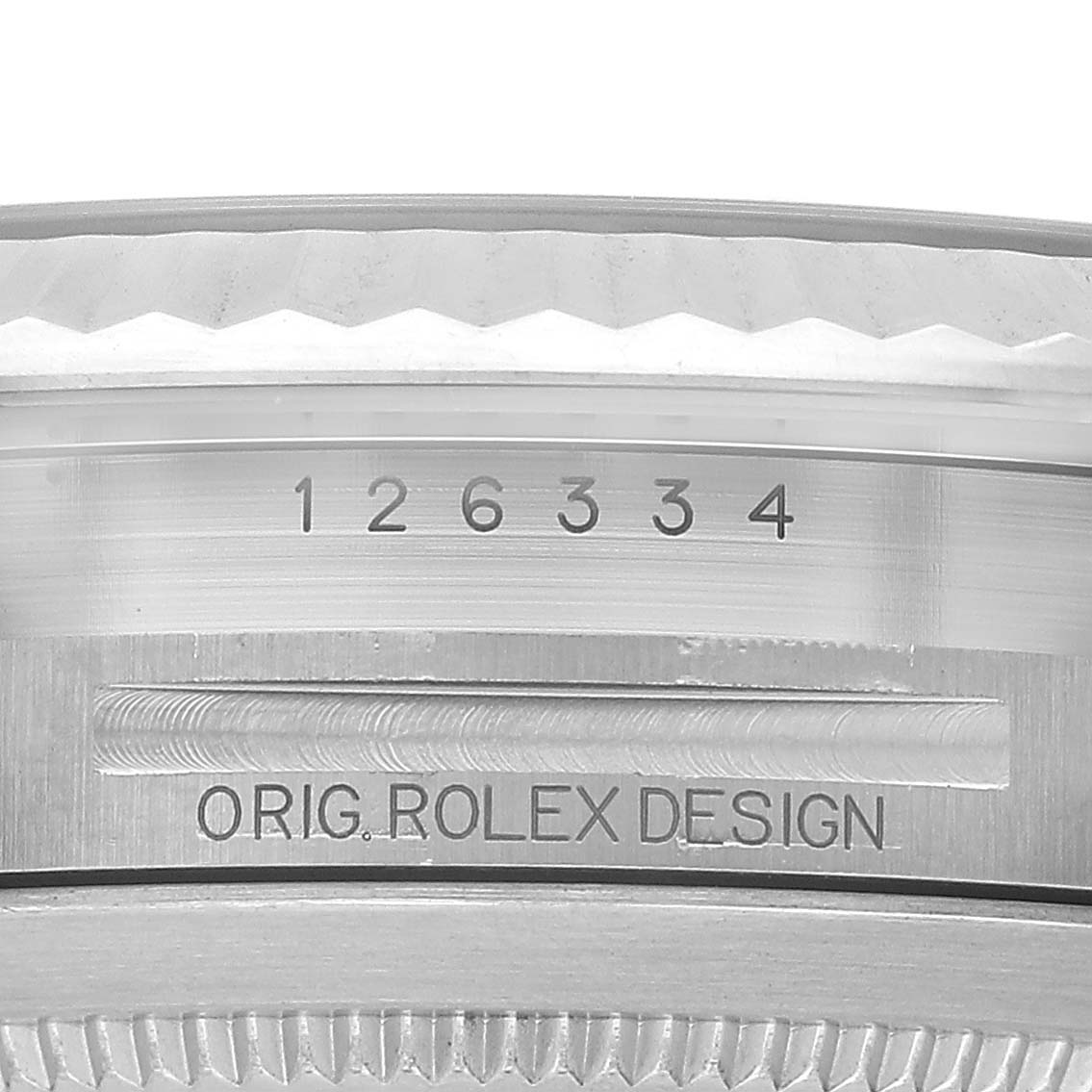 The image shows the side view of the Rolex Datejust 41 126334 Men's Stainless Steel Grey Dial case, featuring its serial number and "ORIG. ROLEX DESIGN" engraving.