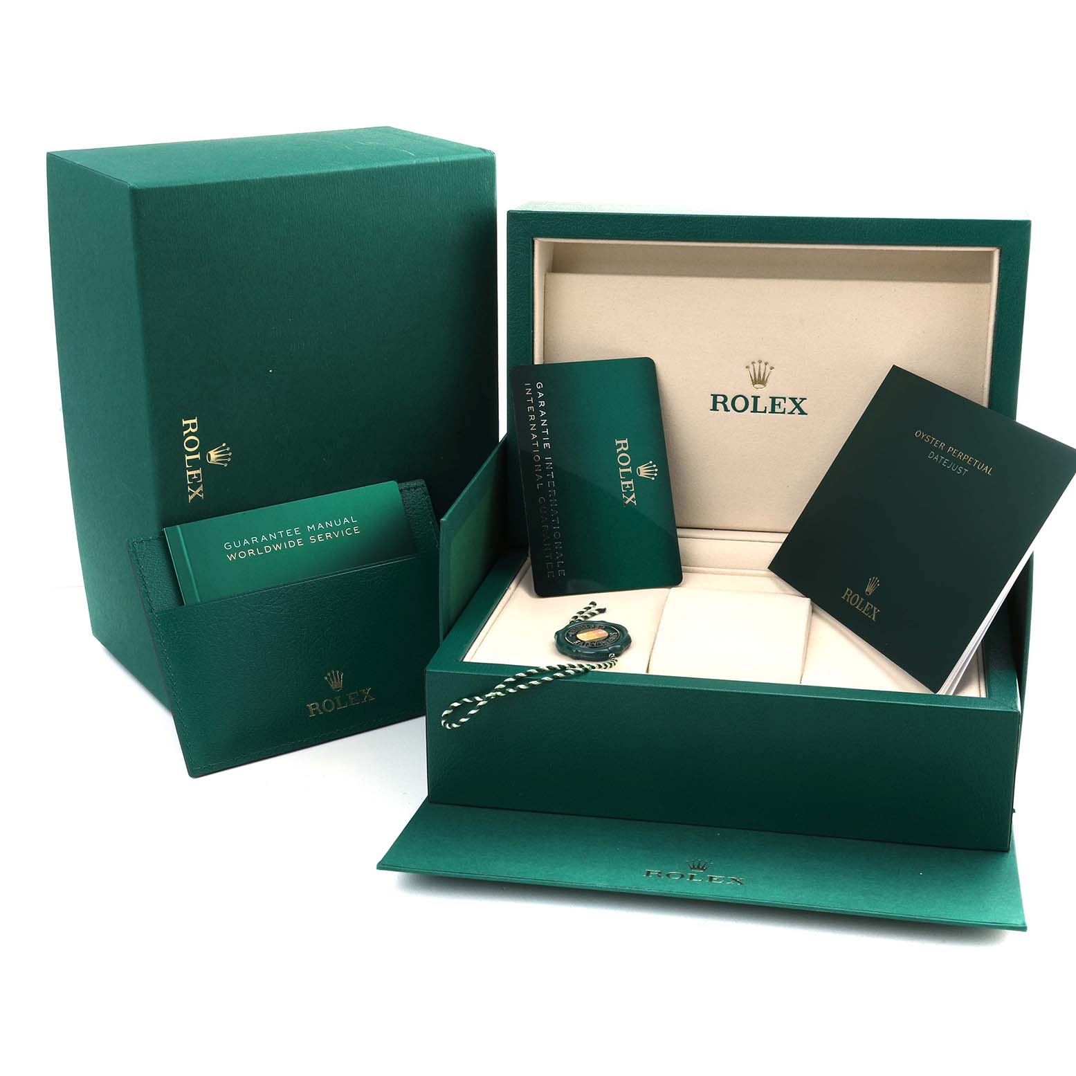This image shows a Rolex Datejust 41 126334 Men's Stainless Steel Grey Dial box, manual, guarantee card, and tags, with no watch visible.