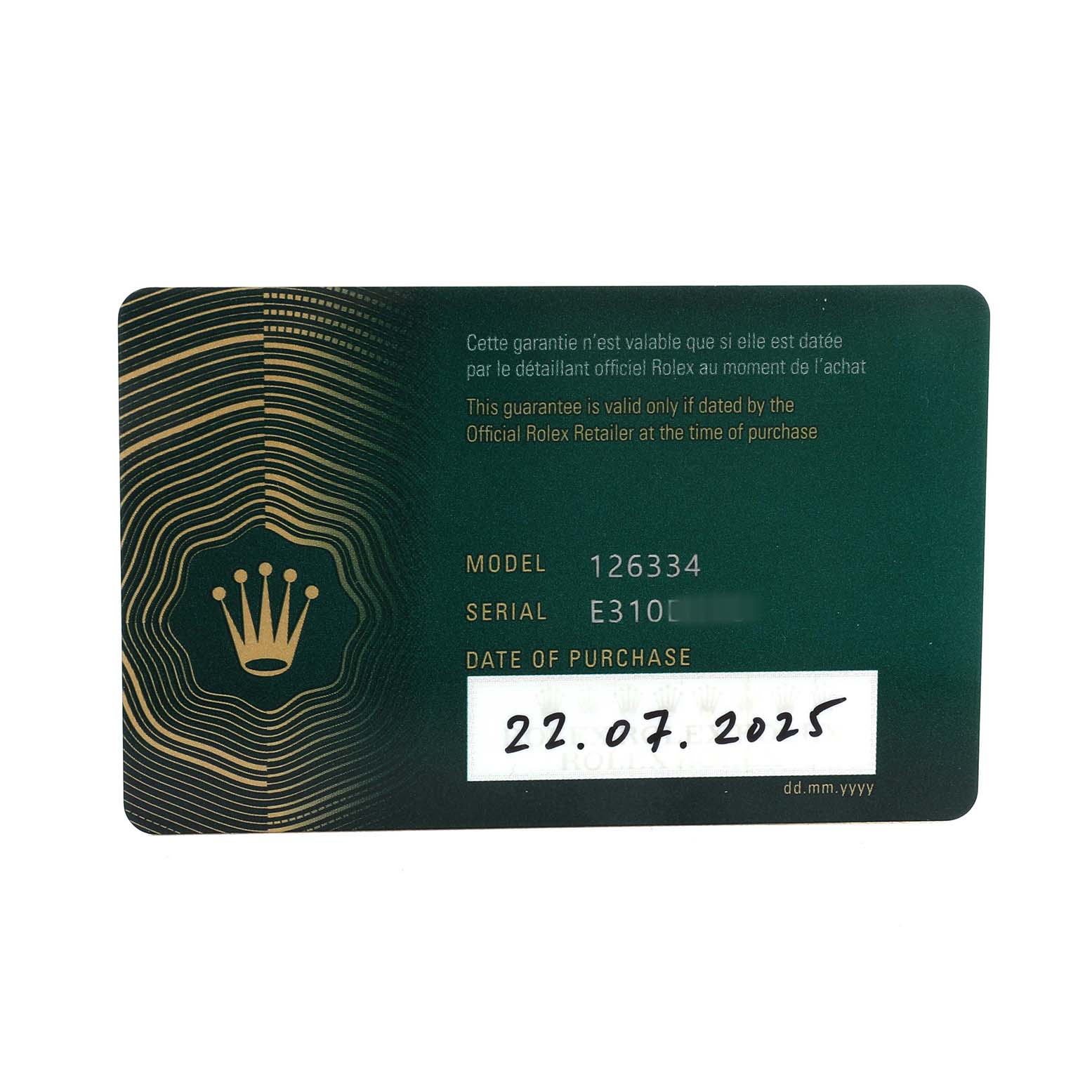 The image shows a warranty card for the Rolex Datejust 41 126334 Men's Stainless Steel Grey Dial model, with model and serial numbers visible.
