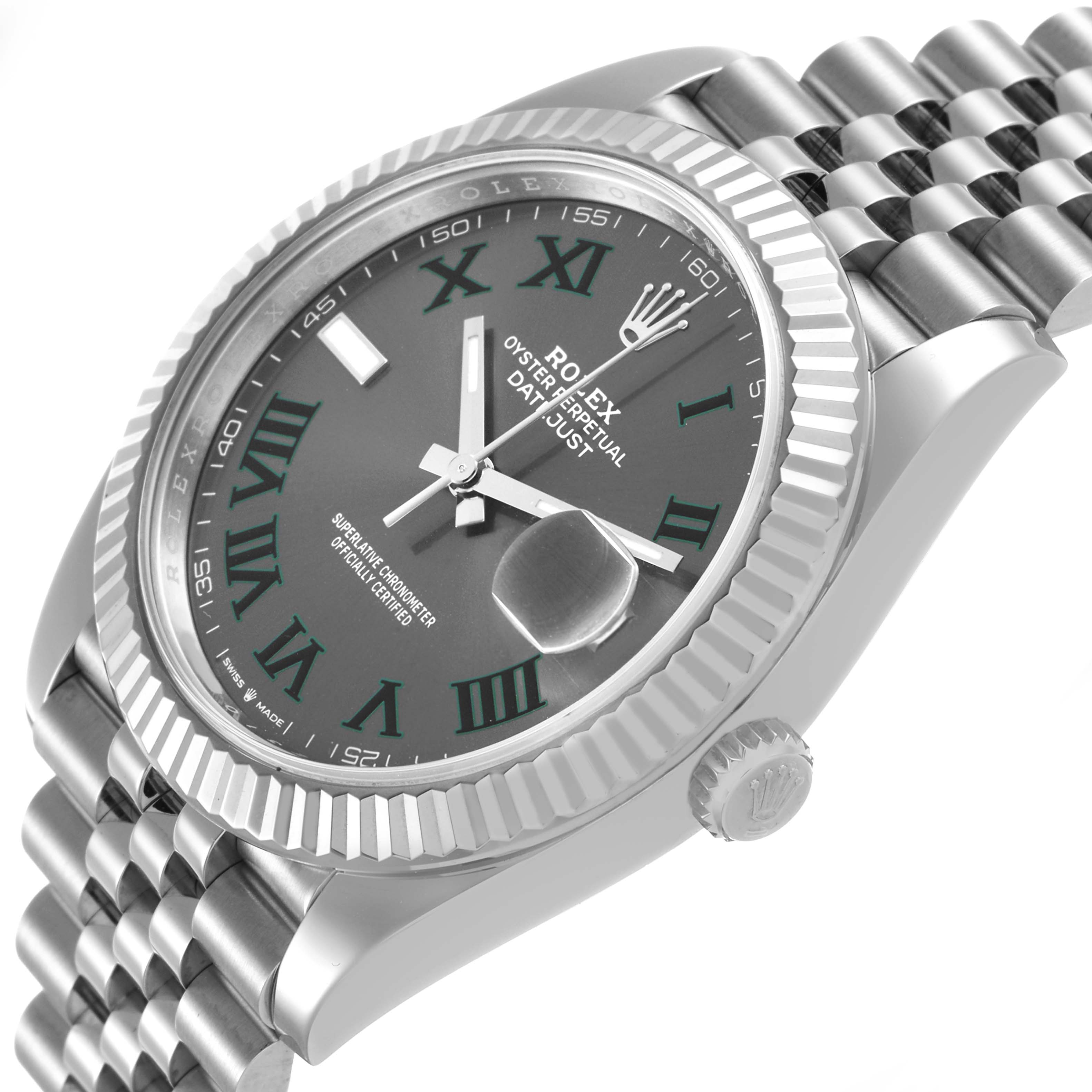 The Rolex Datejust 41 126334 Men's Stainless Steel Grey Dial is shown at an angled view highlighting the dial, fluted bezel, Cyclops lens, and Jubilee bracelet.